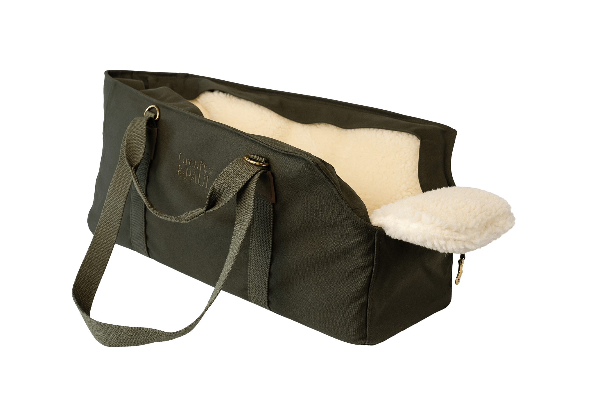 Greta XL Hundetasche in Khaki mit Teddyfell-Inlay.