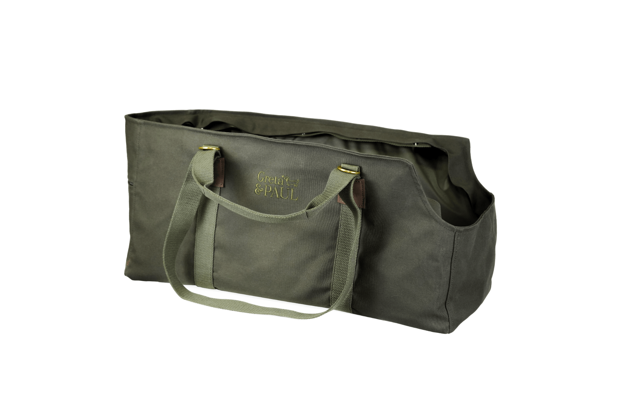 Greta's XL Hundetasche in Khaki, hier ohne Inlay gezeigt und ohne Sicherheitsnetz.
