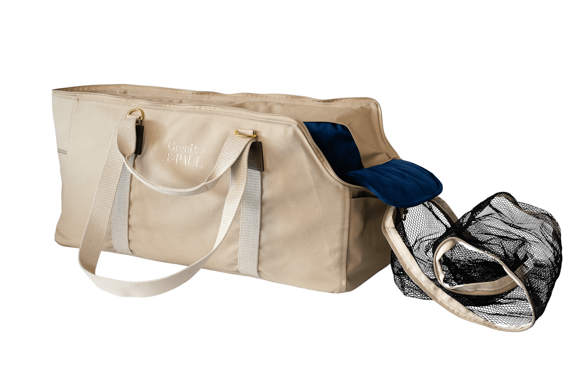 Greta's XL-Hundetasche aus der Sommer-Kollektion in Beige mit königsblauem Samt-Inlay, Ansicht mit offenem Netz
