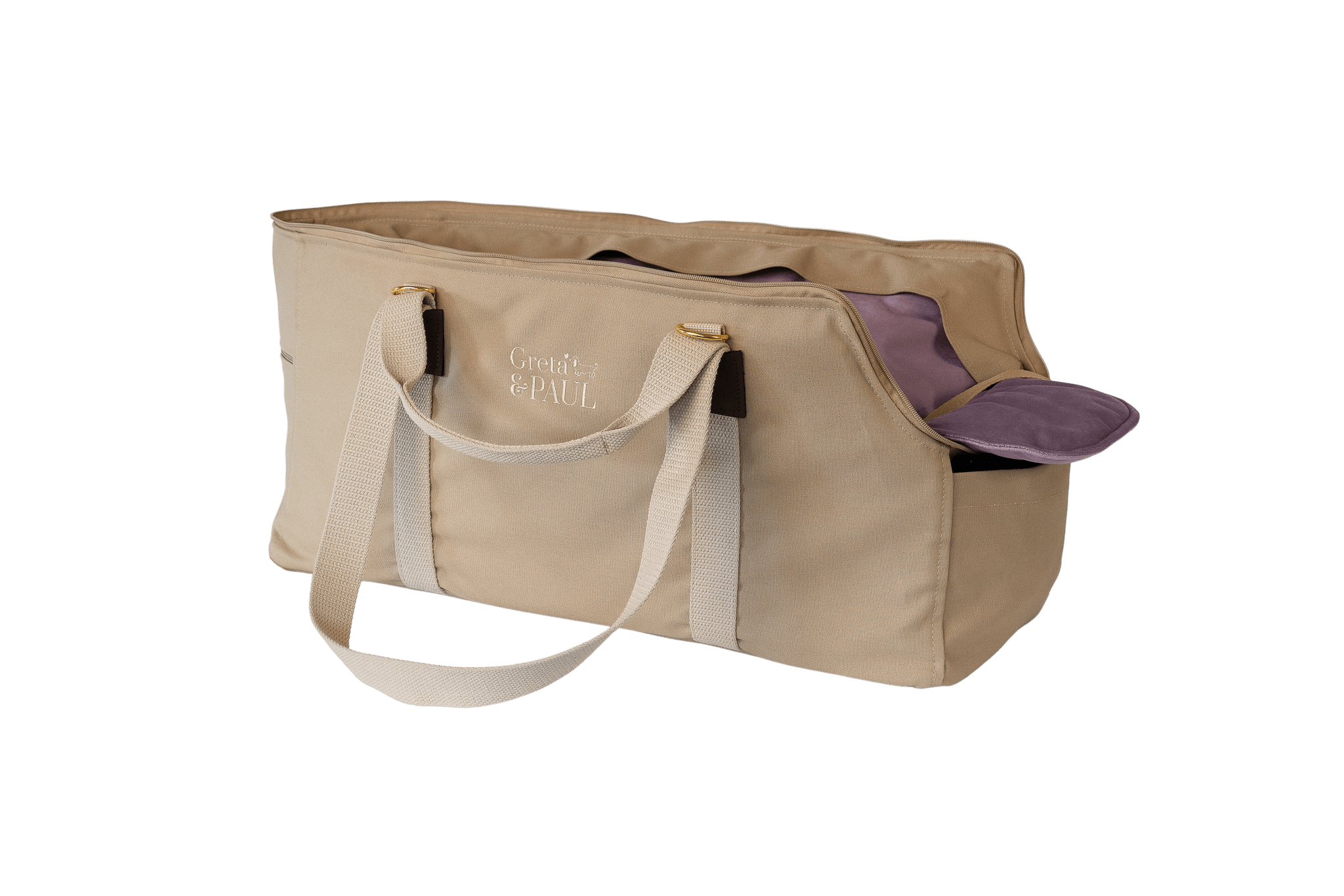 Gretas XL-Hundetasche aus der Sommer-Kollektion in Beige mit fliederfarbenem Samt-Inlay, Ansicht mit verstautem Netz
