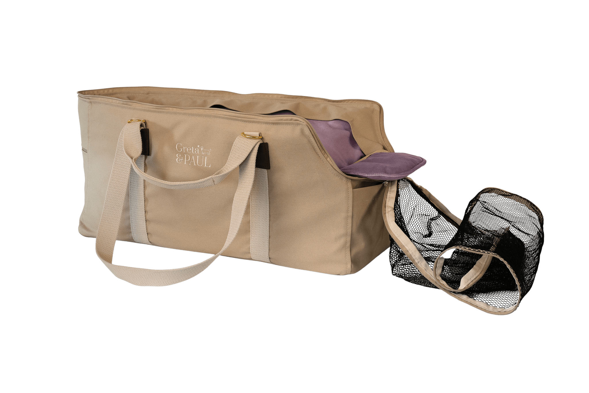 Greta's XL-Hundetasche aus der Sommer-Kollektion in Beige mit fliederfarbenem Samt-Inlay, Ansicht mit offenem Netz
