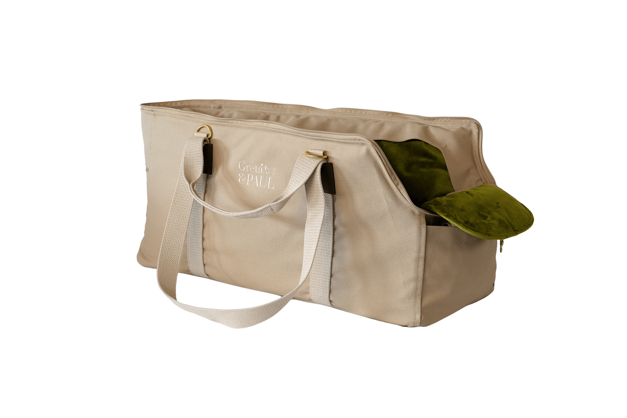 Gretas XL-Hundetasche aus der Sommer-Kollektion in Beige mit olivgrünem Samt-Inlay, Ansicht mit verstautem Netz