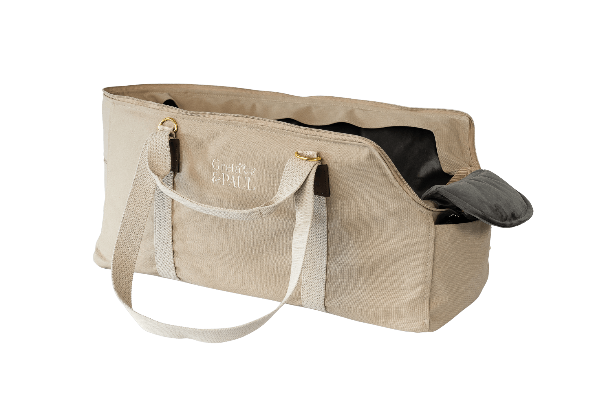 Gretas XL-Hundetasche aus der Sommer-Kollektion in Beige mit anthrazitfarbenem Samt-Inlay, Ansicht mit verstautem Netz