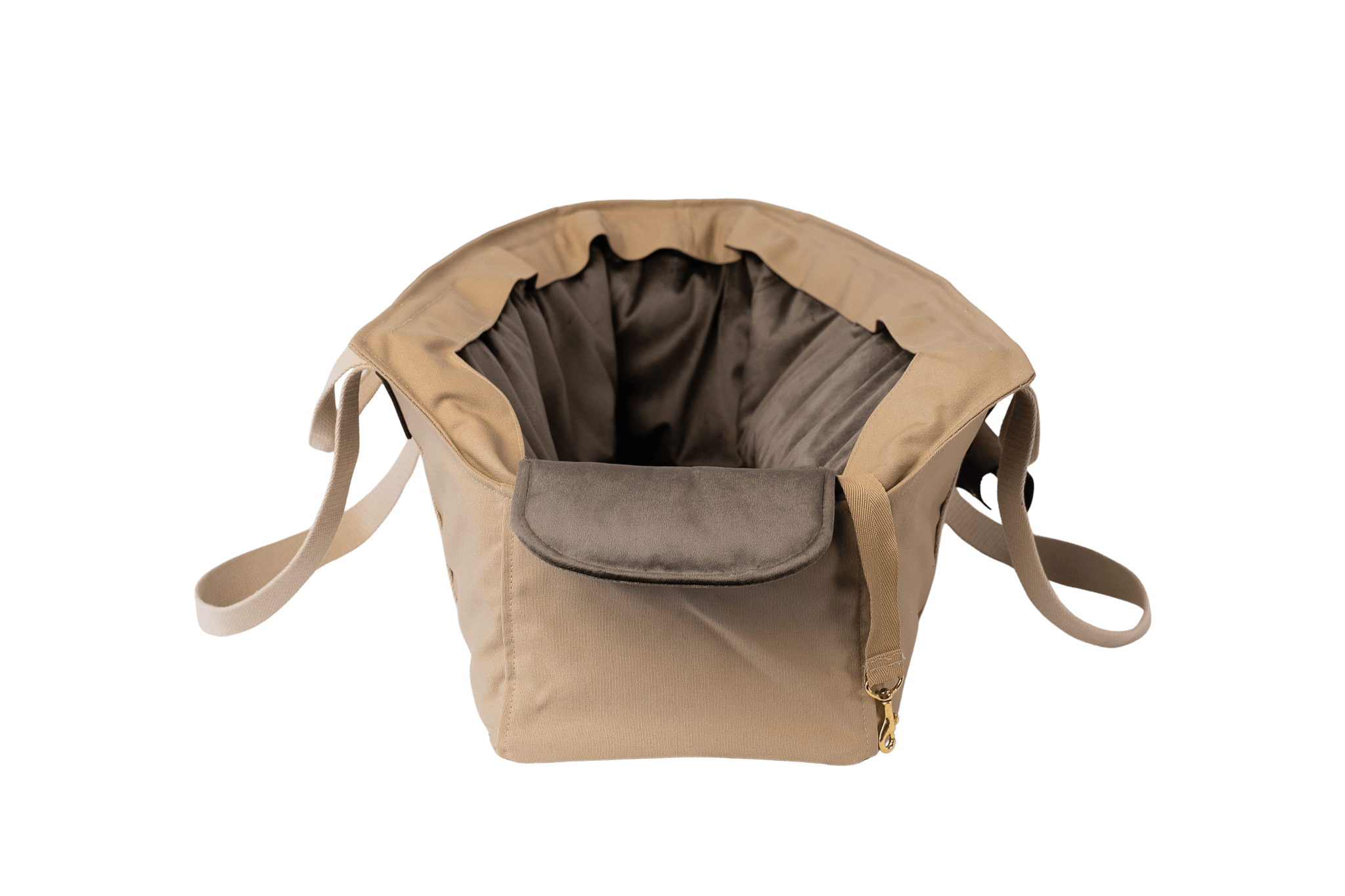 Greta's XL-Hundetasche aus der Sommer-Kollektion in Beige mit anthrazitfarbenem Samt-Inlay, Vorderansicht