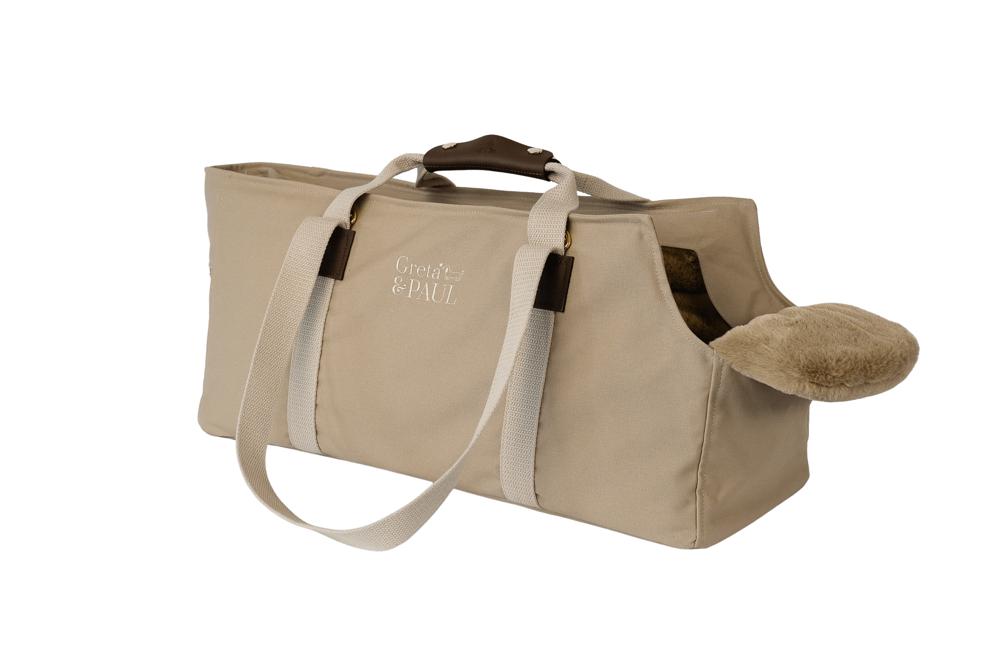 Gretas XL-Hundetasche aus der Sommer-Kollektion in Beige mit beige-goldfarbenem Flausch-Inlay, Trageansicht, ohne Netz
