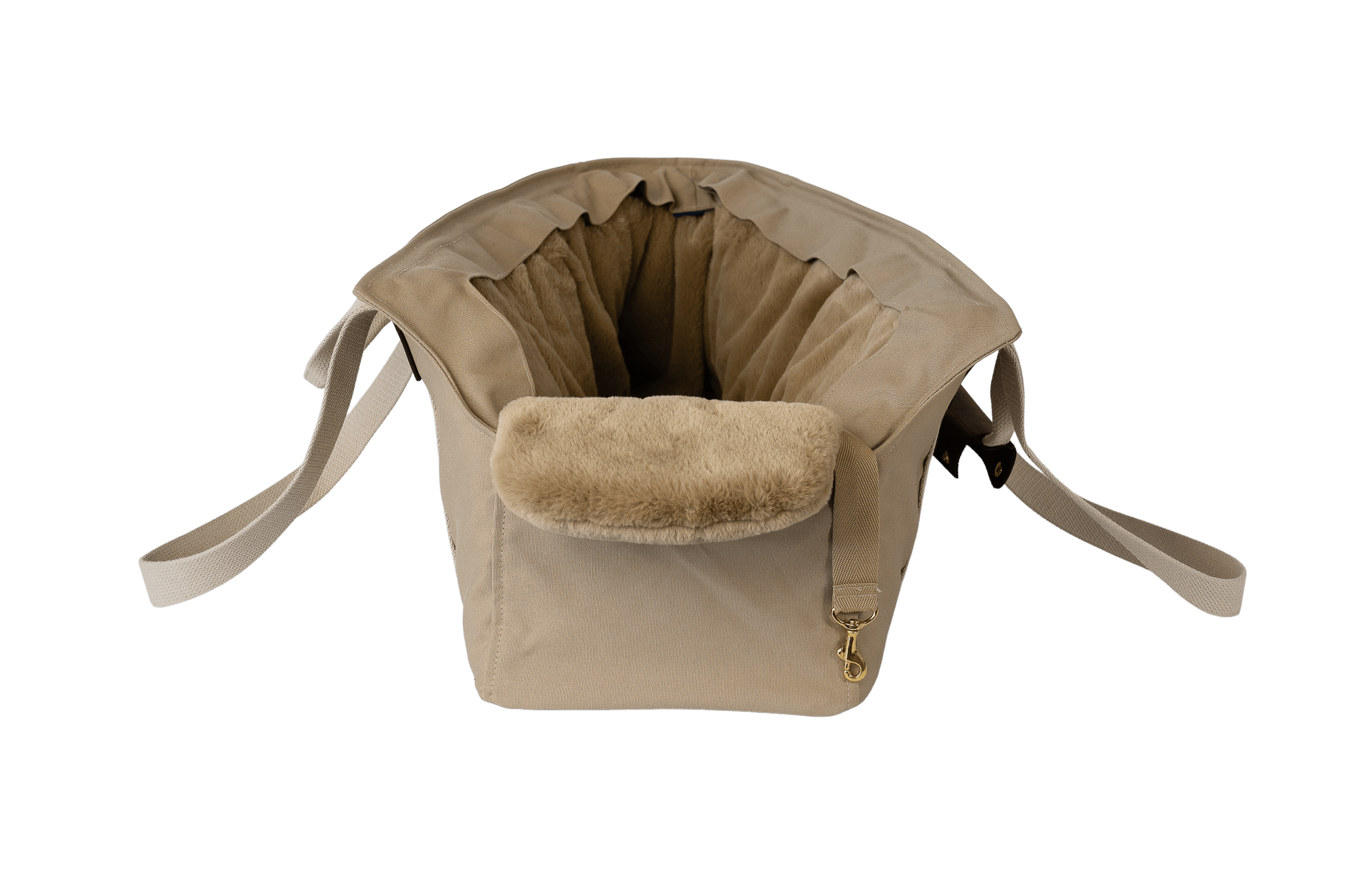 Gretas XL-Hundetasche aus der Sommer-Kollektion in Beige mit beige-goldfarbenem Flausch-Inlay, Vorderansicht, ohne Netz
