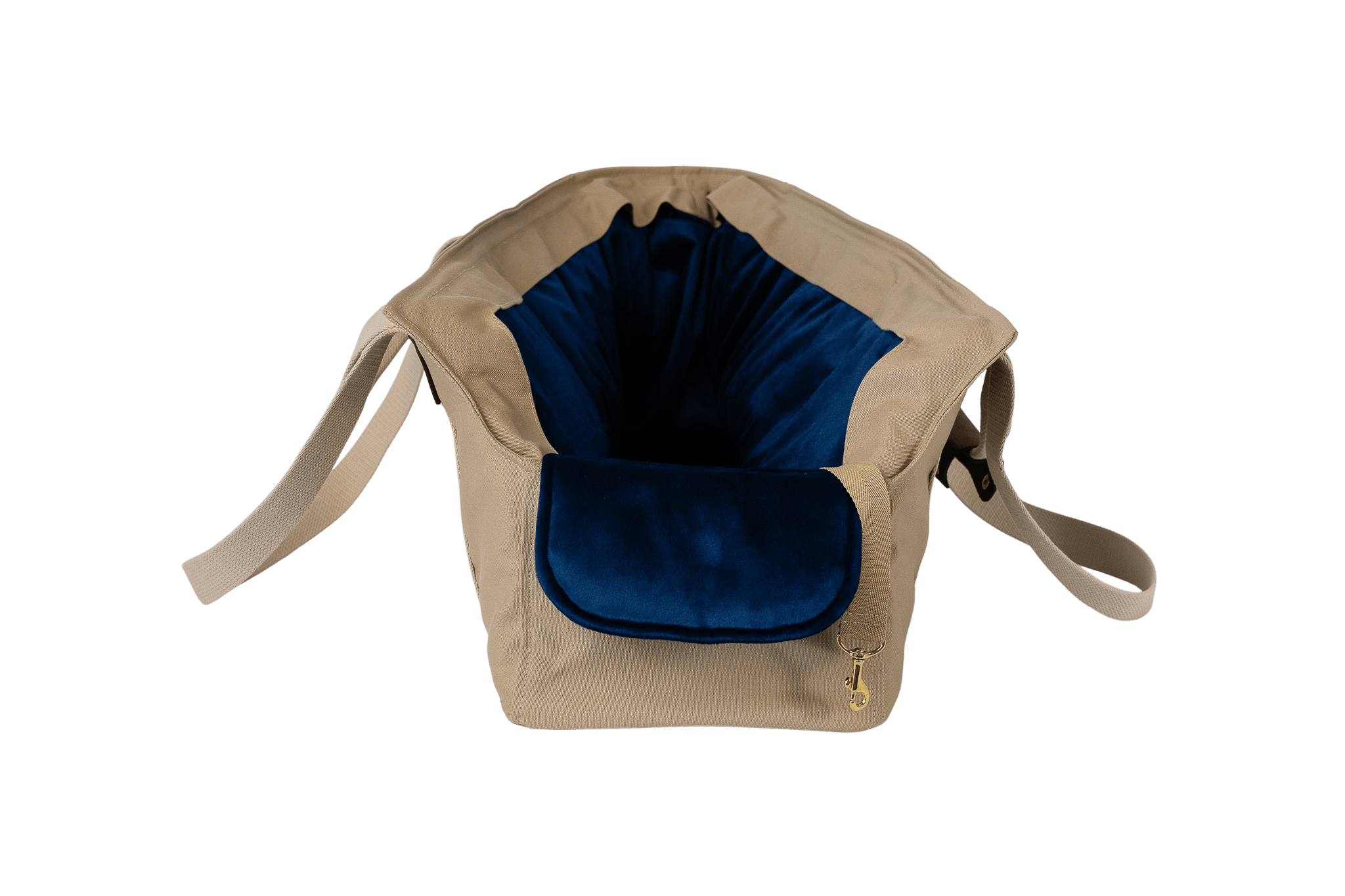 Gretas XL-Hundetasche aus der Sommer-Kollektion in Beige mit königsblauem Samt-Inlay, Vorderansicht, ohne Netz