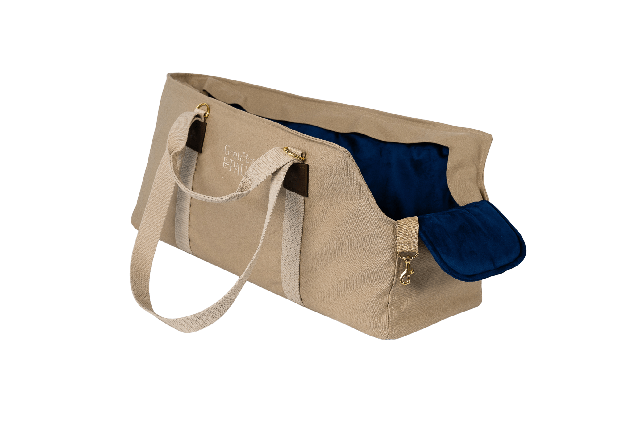 Gretas XL-Hundetasche aus der Sommer-Kollektion in Beige mit königsblauem Samt-Inlay, ohne Netz