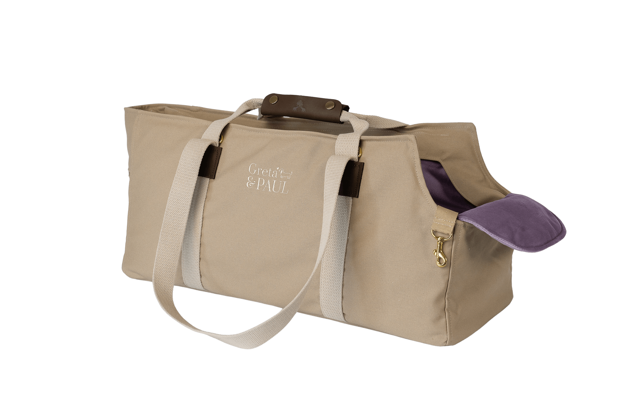 Gretas XL-Hundetasche aus der Sommer-Kollektion in Beige mit fliederfarbenem Samt-Inlay, Trageansicht, ohne Netz