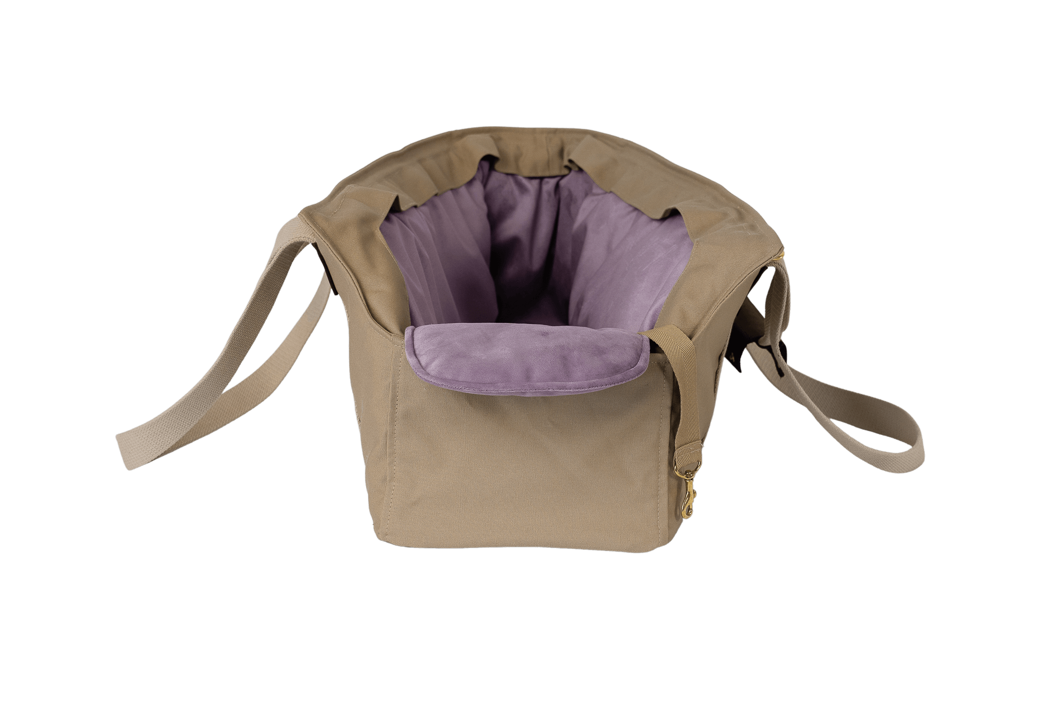 Gretas XL-Hundetasche aus der Sommer-Kollektion in Beige mit fliederfarbenem Samt-Inlay, Vorderansicht, ohne Netz