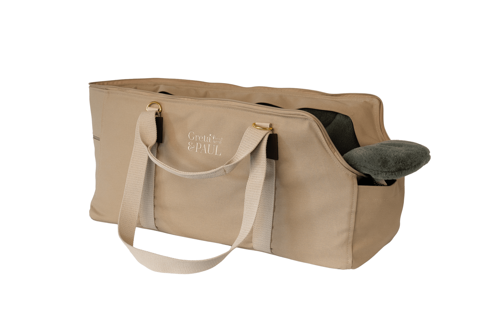 Gretas XL-Hundetasche aus der Sommer-Kollektion in Beige mit grau-grün-slibernem Flausch-Inlay, Ansicht mit verstautem Netz