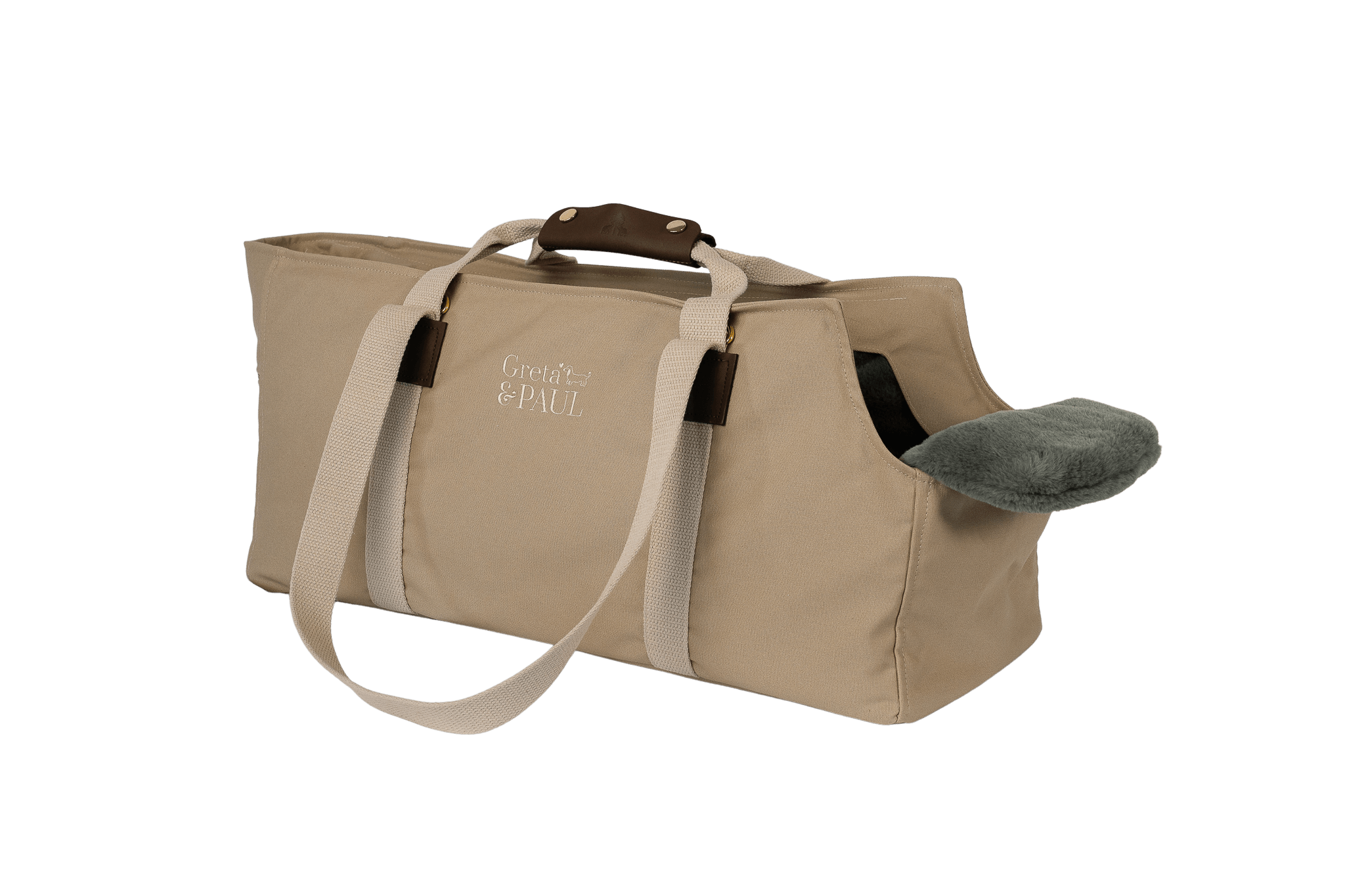 Gretas XL-Hundetasche aus der Sommer-Kollektion in Beige mit grau-grün-silberfarbenem Flausch-Inlay, Trageansicht, ohne Netz