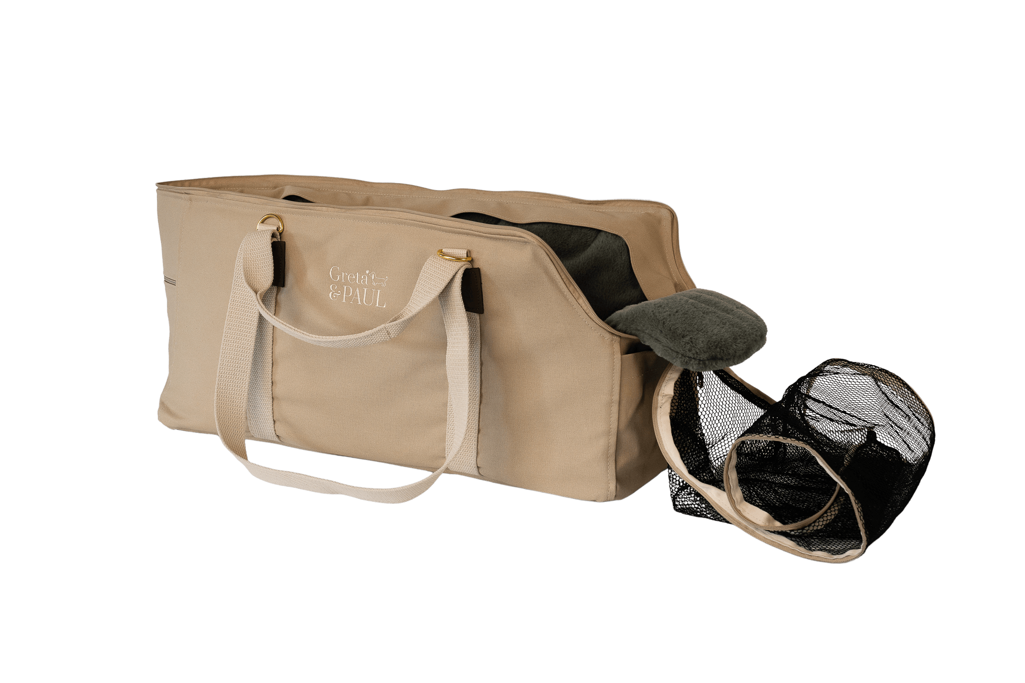 Greta's XL-Hundetasche aus der Sommer-Kollektion in Beige mit grau-grün-silberfarbenem Flausch-Inlay, Ansicht mit offenem Netz