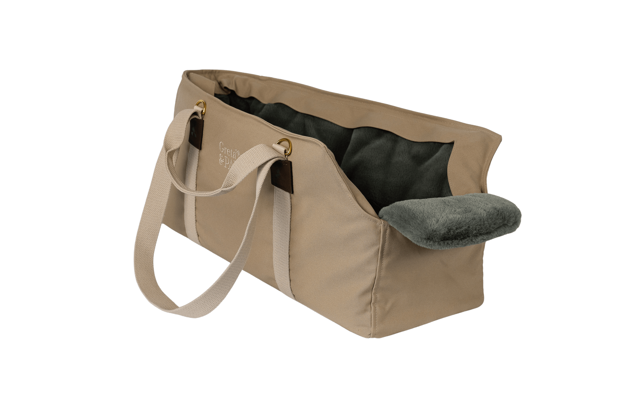 Gretas XL-Hundetasche aus der Sommer-Kollektion in Beige mit grau-grün-silberfarbenem Flausch-Inlay, ohne Netz