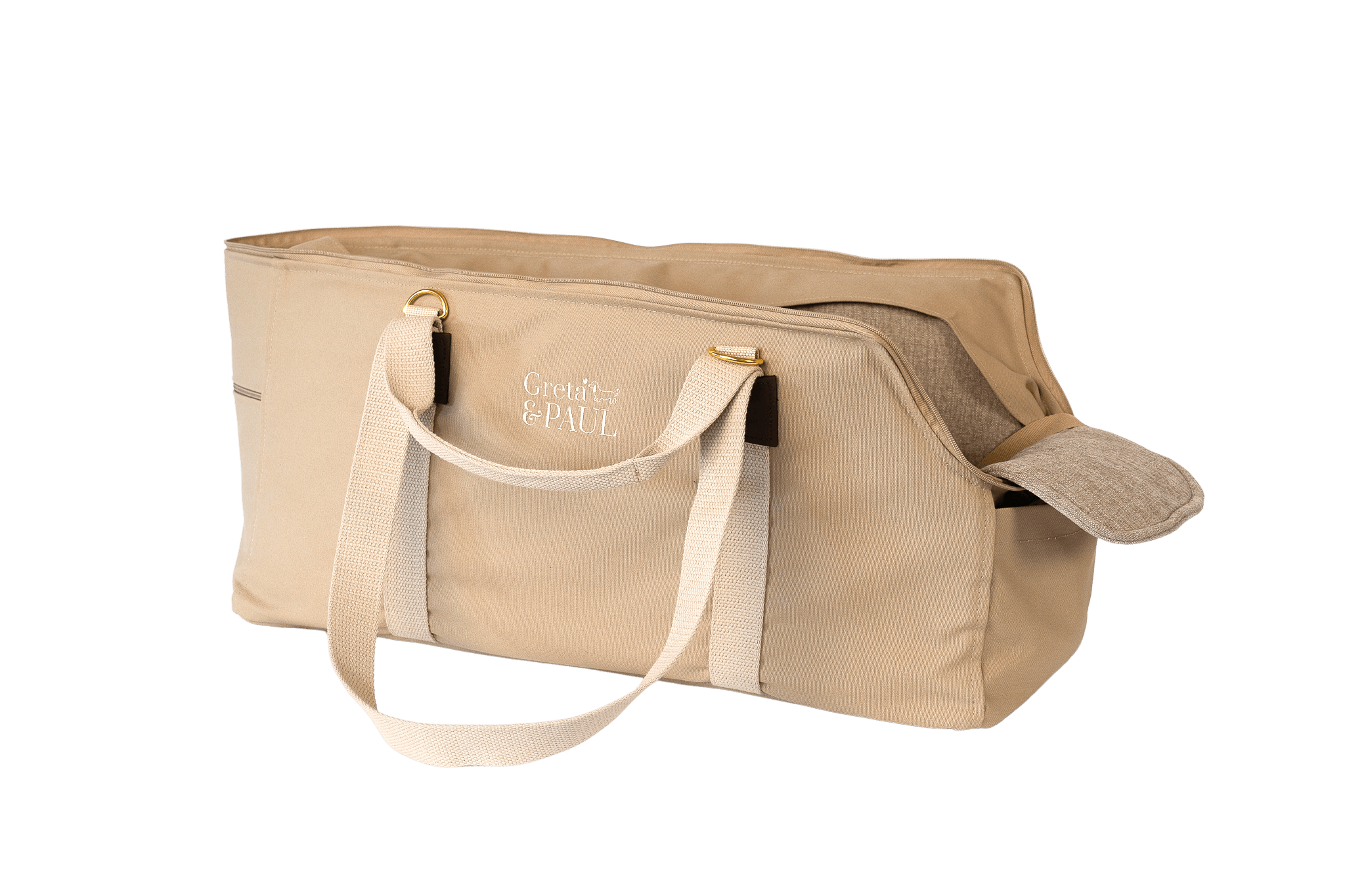 Gretas XL-Hundetasche aus der Sommer-Kollektion in Beige mit hellbeigefarbenem-Inlay, Ansicht mit verstautem Netz