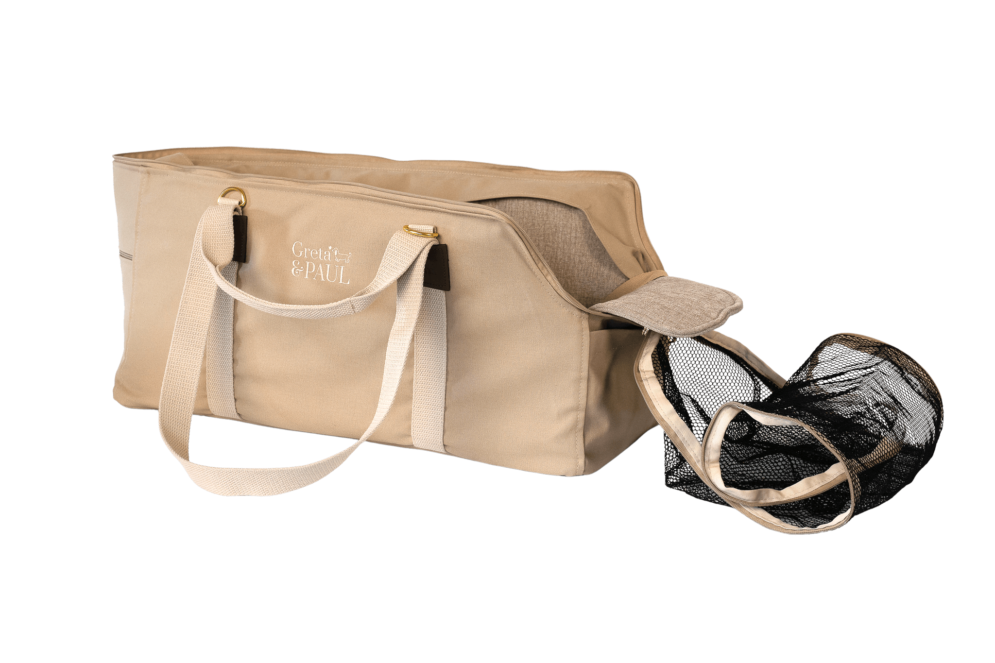 Greta's XL-Hundetasche aus der Sommer-Kollektion in Beige mit hellbeigefarbenem Leinen-Inlay, Ansicht mit offenem Netz