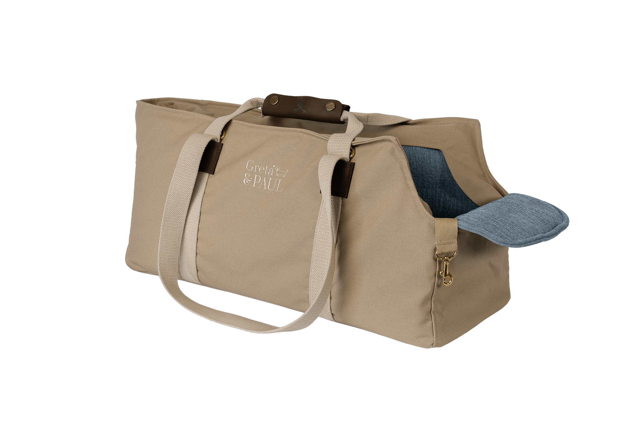 Gretas XL-Hundetasche aus der Sommer-Kollektion in Beige mit hellblauem Leinen-Inlay, Trageansicht, ohne Netz