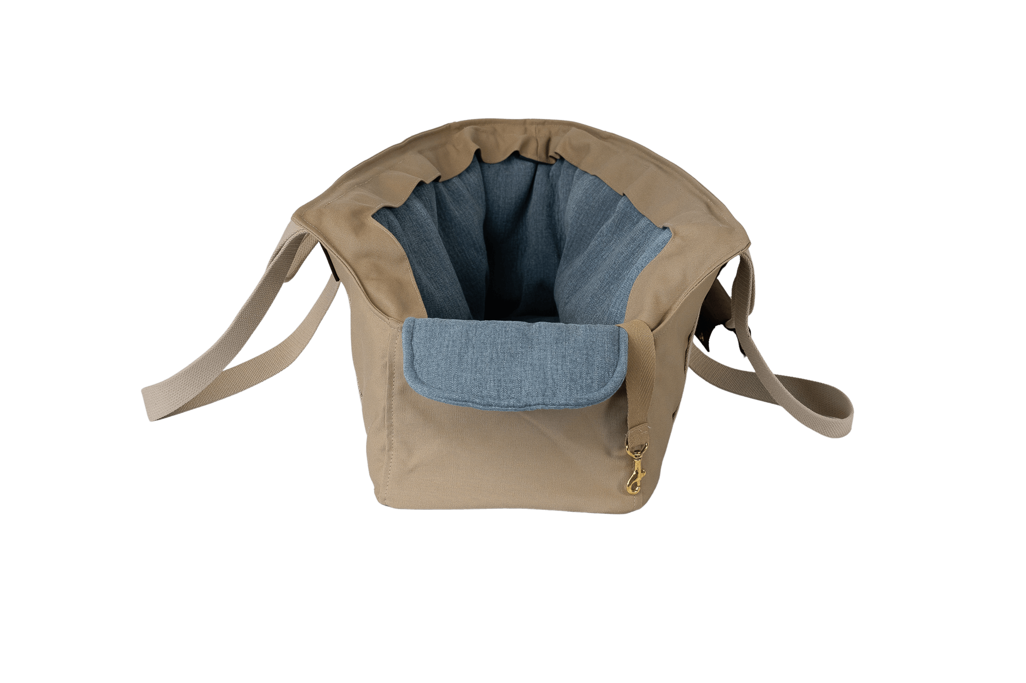 Gretas XL-Hundetasche aus der Sommer-Kollektion in Beige mit hellblauem Leinen-Inlay, Vorderansicht, ohne Netz