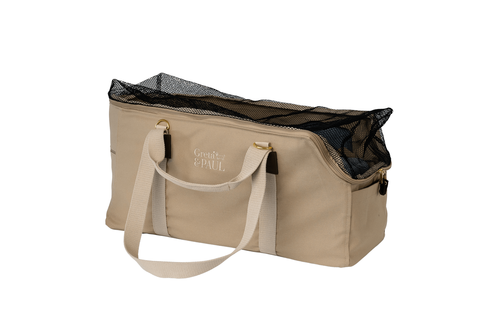 Greta's XL-Hundetasche aus der Sommer-Kollektion in Beige mit hellblauem Leinen-Inlay, Ansicht mit geschlossenem Netz