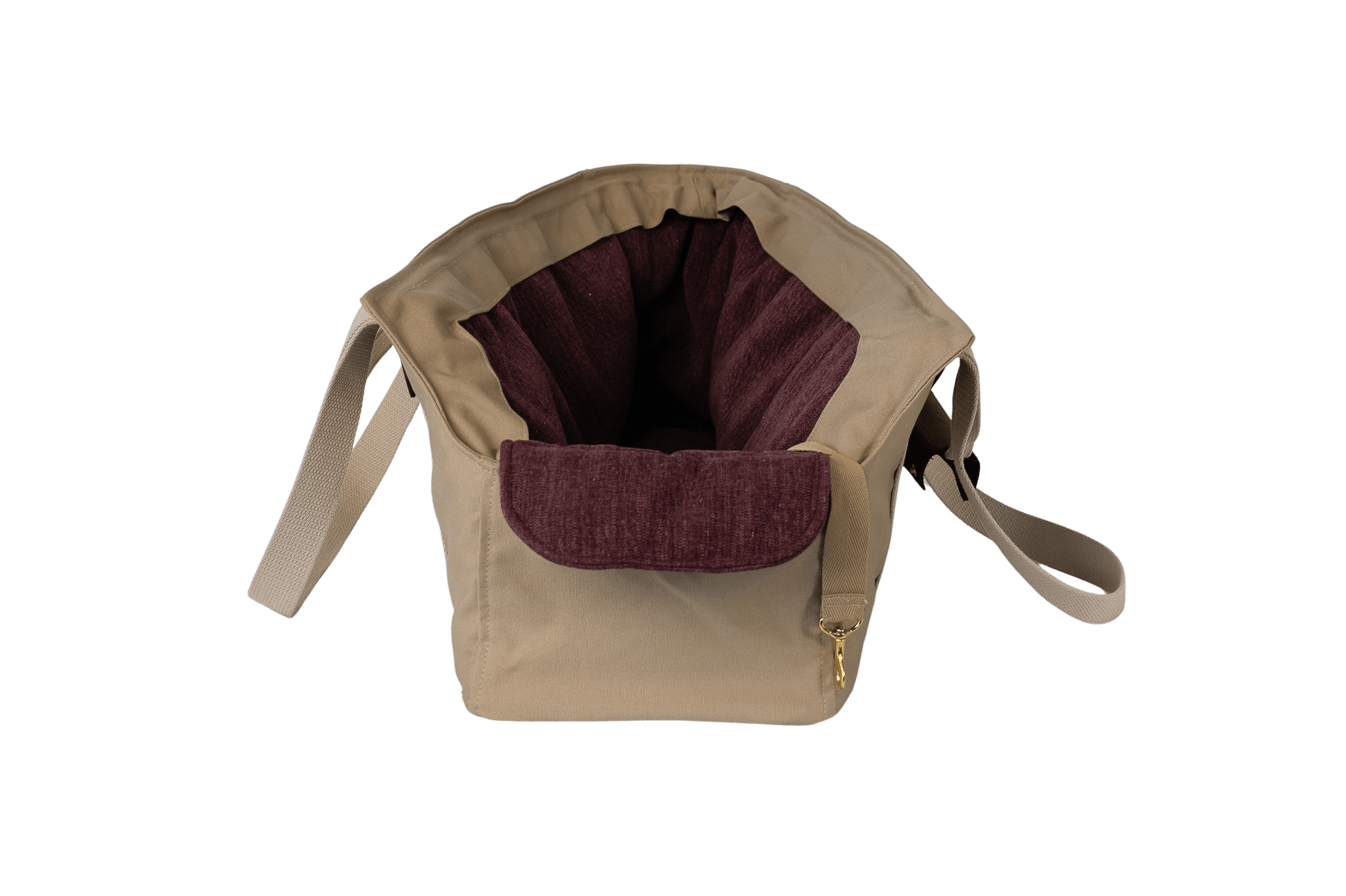 Gretas XL-Hundetasche aus der Sommer-Kollektion in Beige mit lilafarbenem Leinen-Inlay, Vorderansicht, ohne Netz