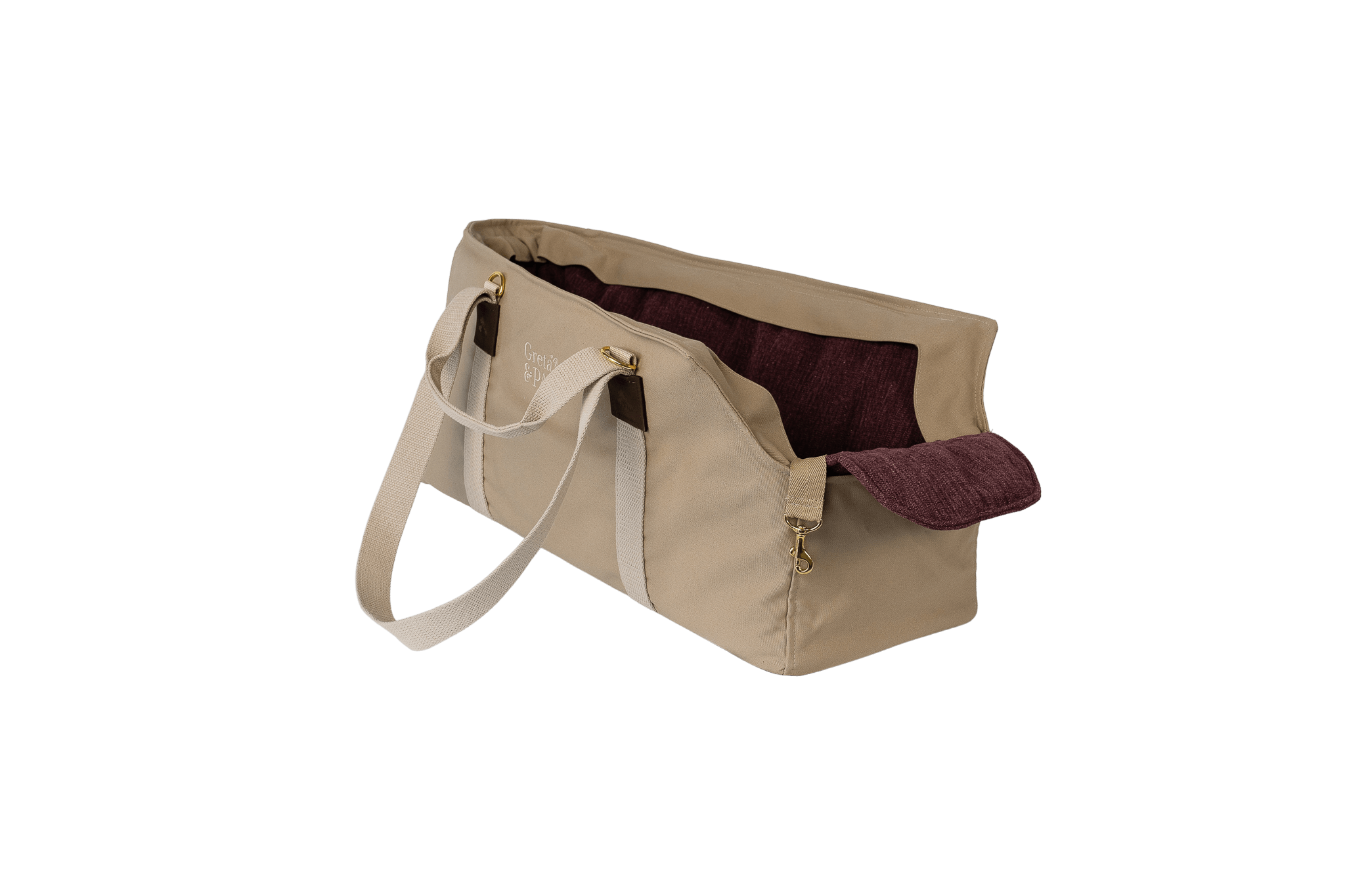 Gretas XL-Hundetasche aus der Sommer-Kollektion in Beige mit lilafarbenem Leinen-Inlay, ohne Netz