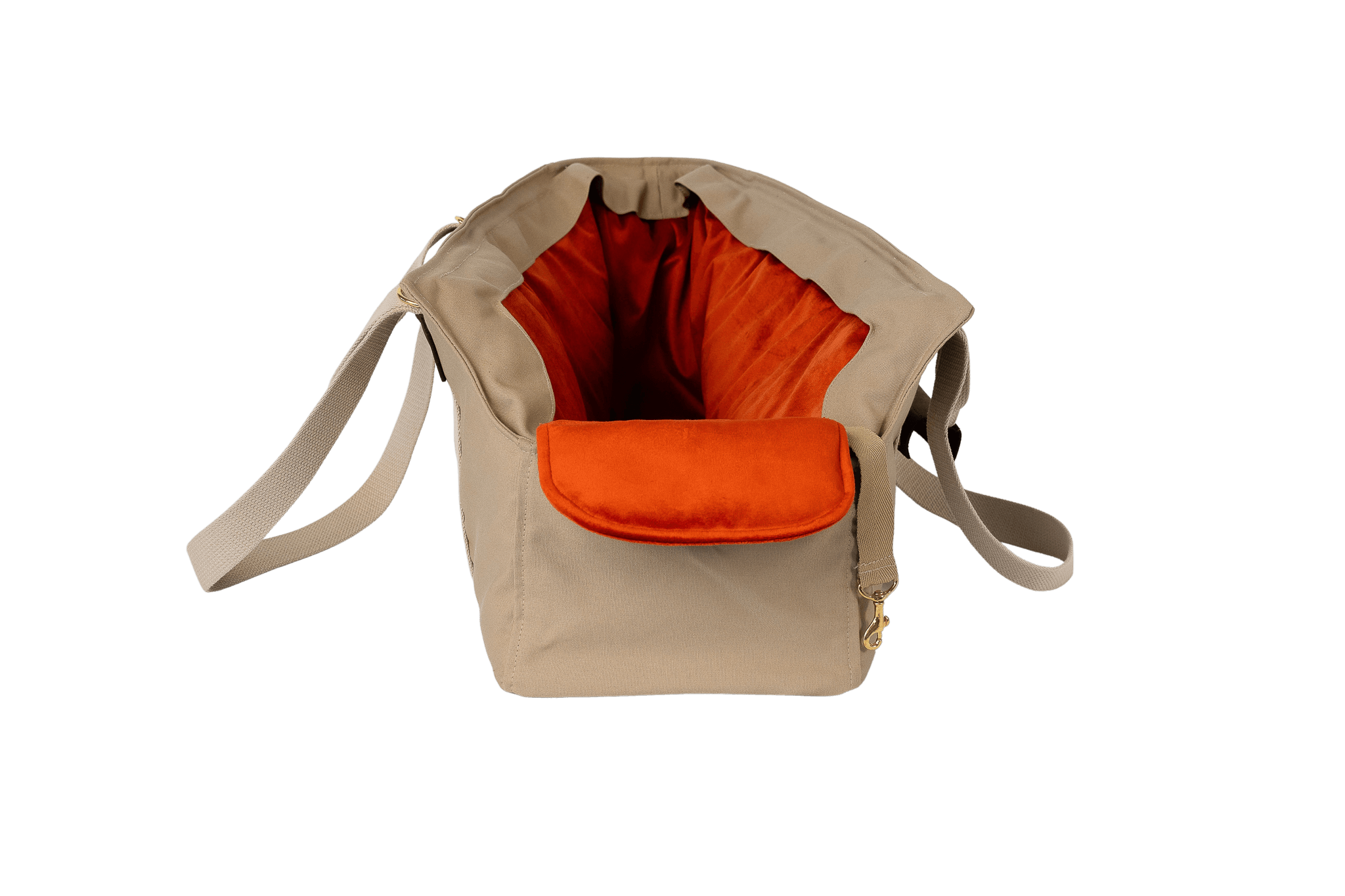Gretas XL-Hundetasche aus der Sommer-Kollektion in Beige mit orangefarbenem Samt-Inlay, Vorderansicht, ohne Netz