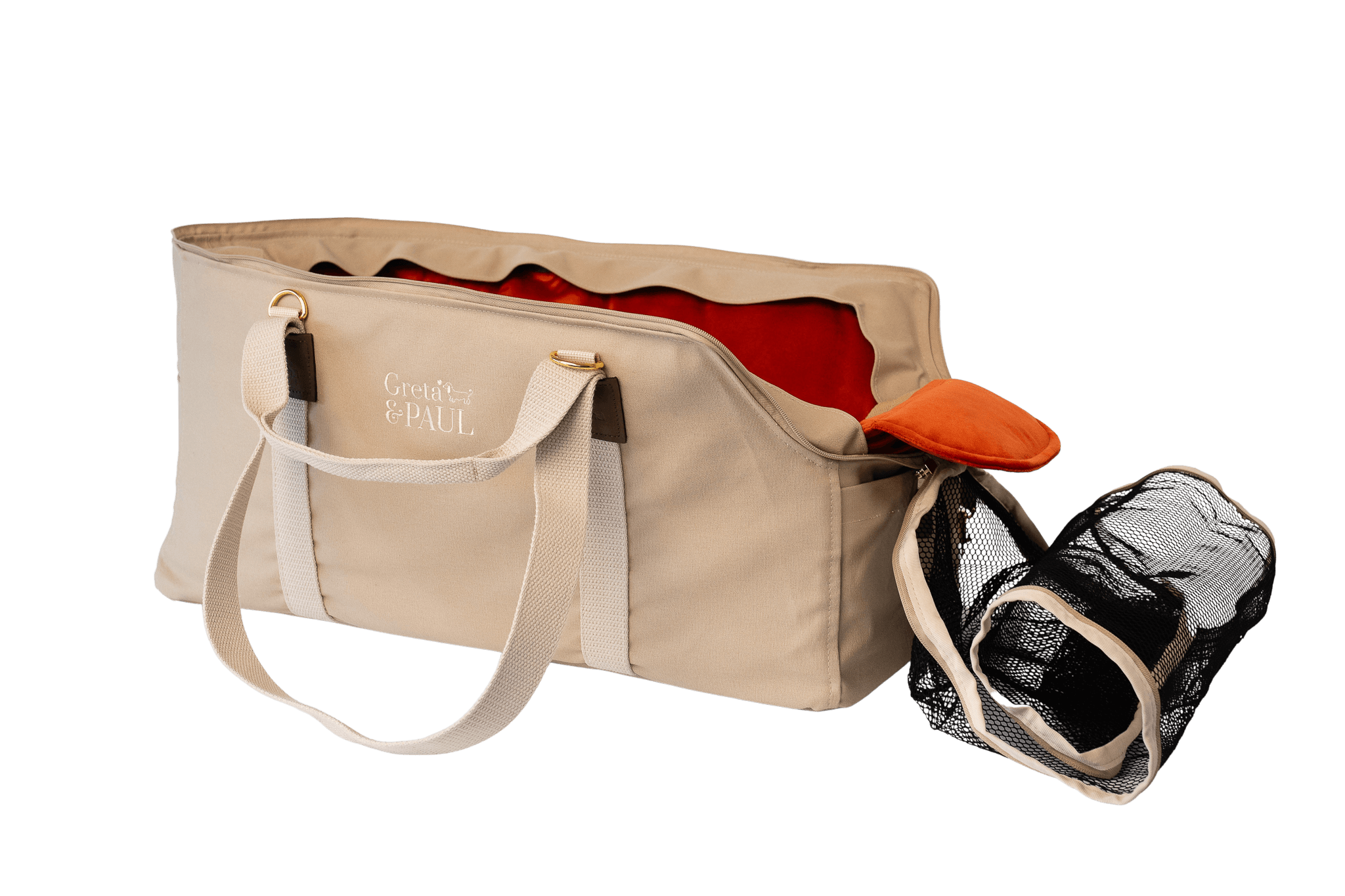 Greta's XL-Hundetasche aus der Sommer-Kollektion in Beige mit orangefarbenem Samt-Inlay, Ansicht mit offenem Netz