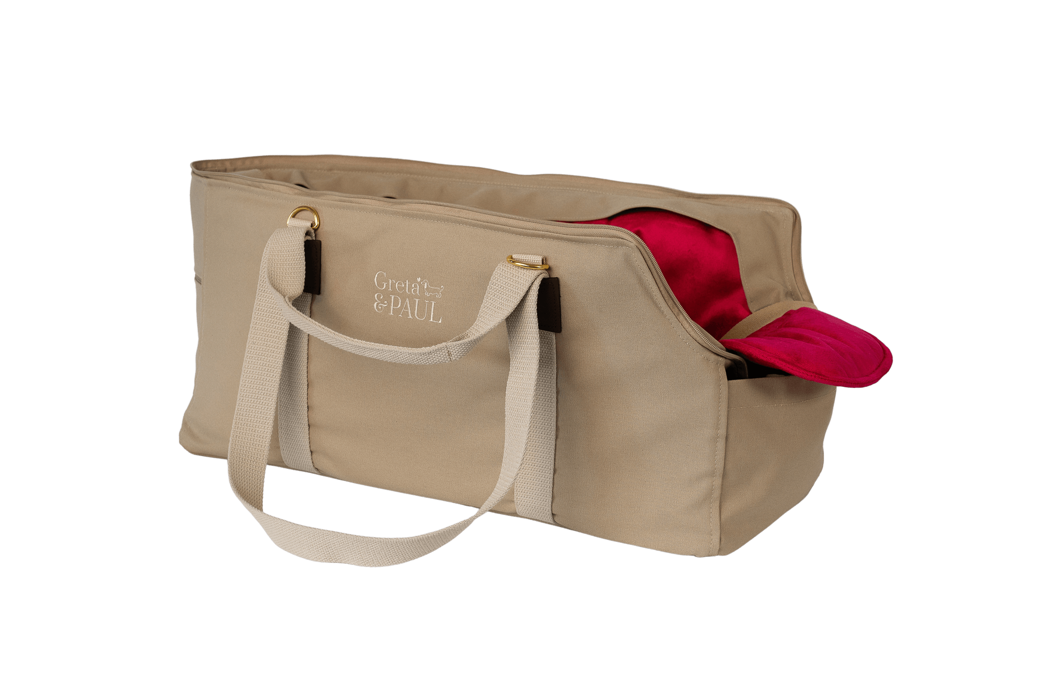 Gretas XL-Hundetasche aus der Sommer-Kollektion in Beige mit pinkem Samt-Inlay, Ansicht mit verstautem Netz