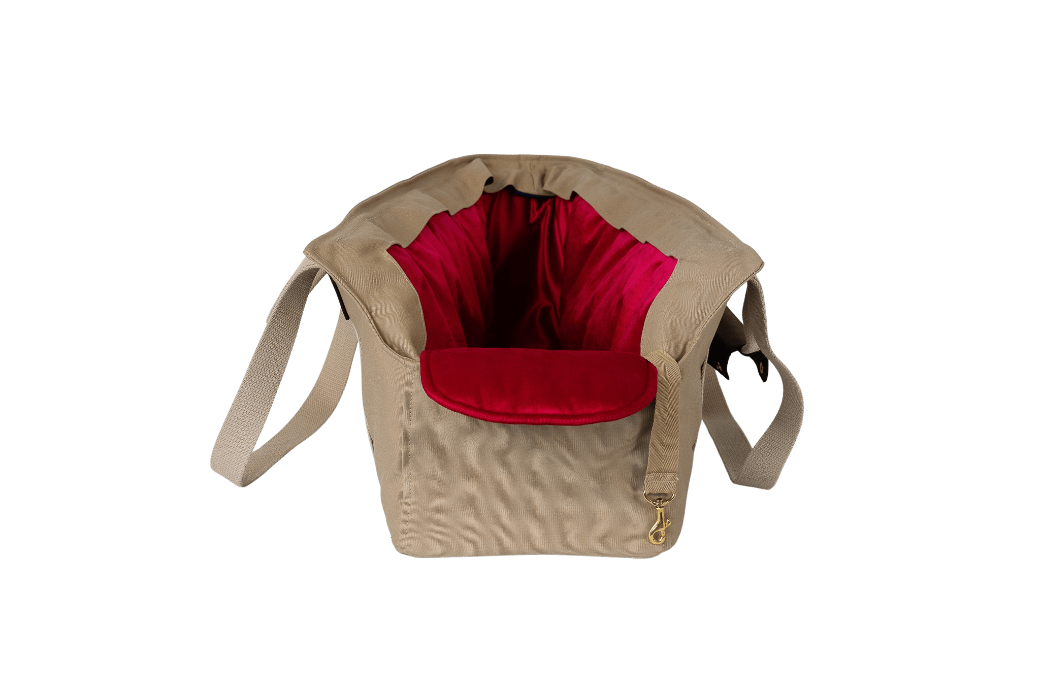 Gretas XL-Hundetasche aus der Sommer-Kollektion in Beige mit pinkem Samt-Inlay, Vorderansicht, ohne Netz
