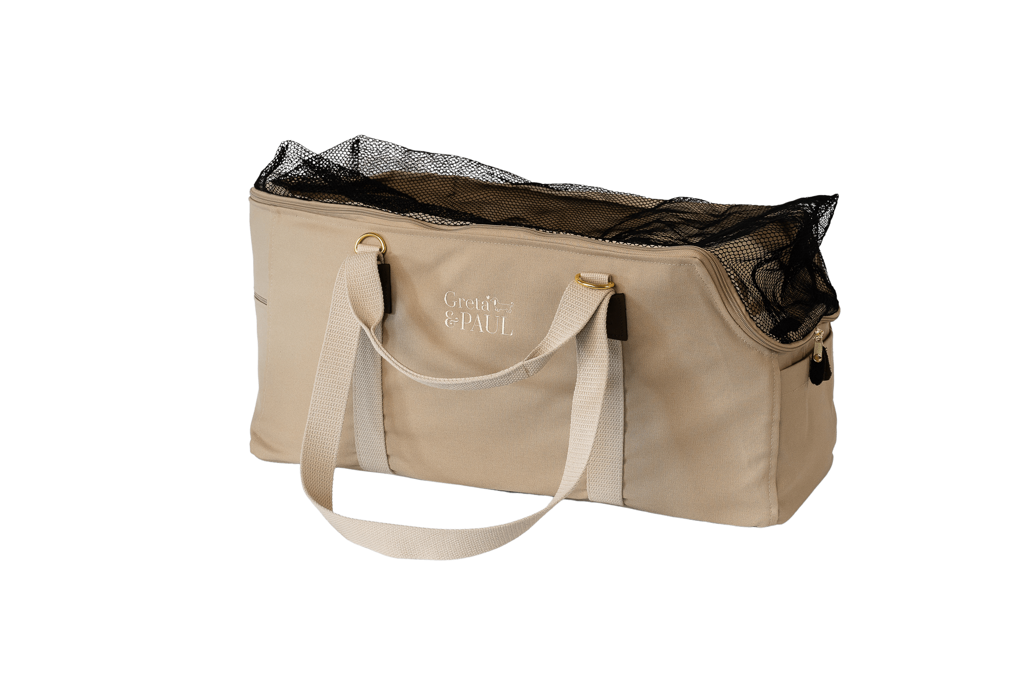 Gretas XL-Hundetasche aus der Sommer-Kollektion in Beige mit Teddyfell-Inlay, Ansicht mit geschlossenem Netz