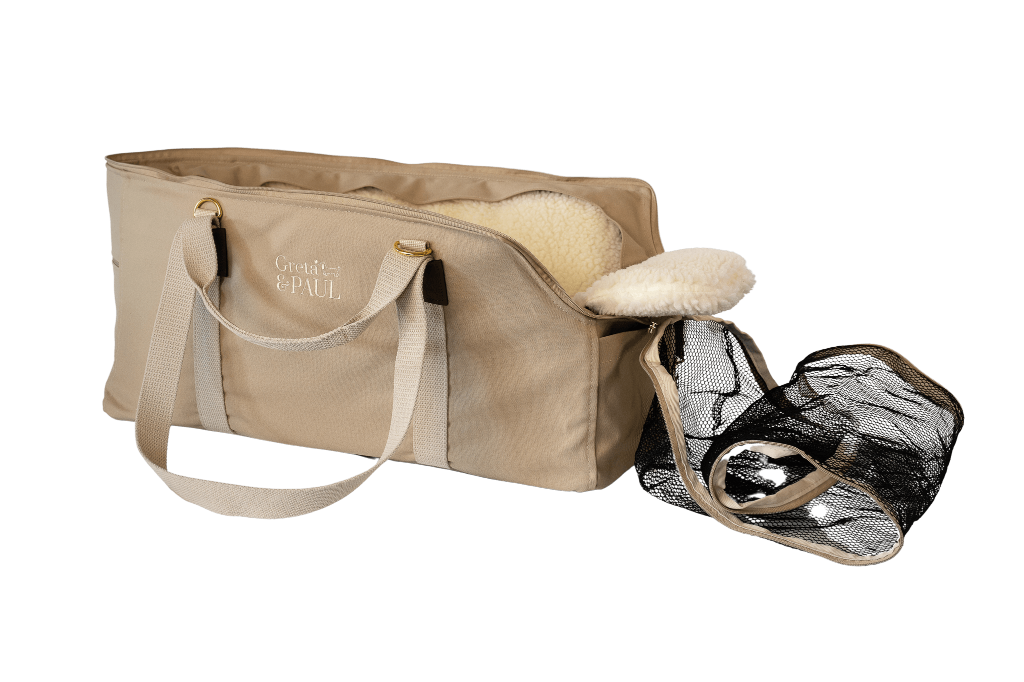 Greta's XL-Hundetasche aus der Sommer-Kollektion in Beige mit Teddyfell-Inlay, Ansicht mit offenem Netz