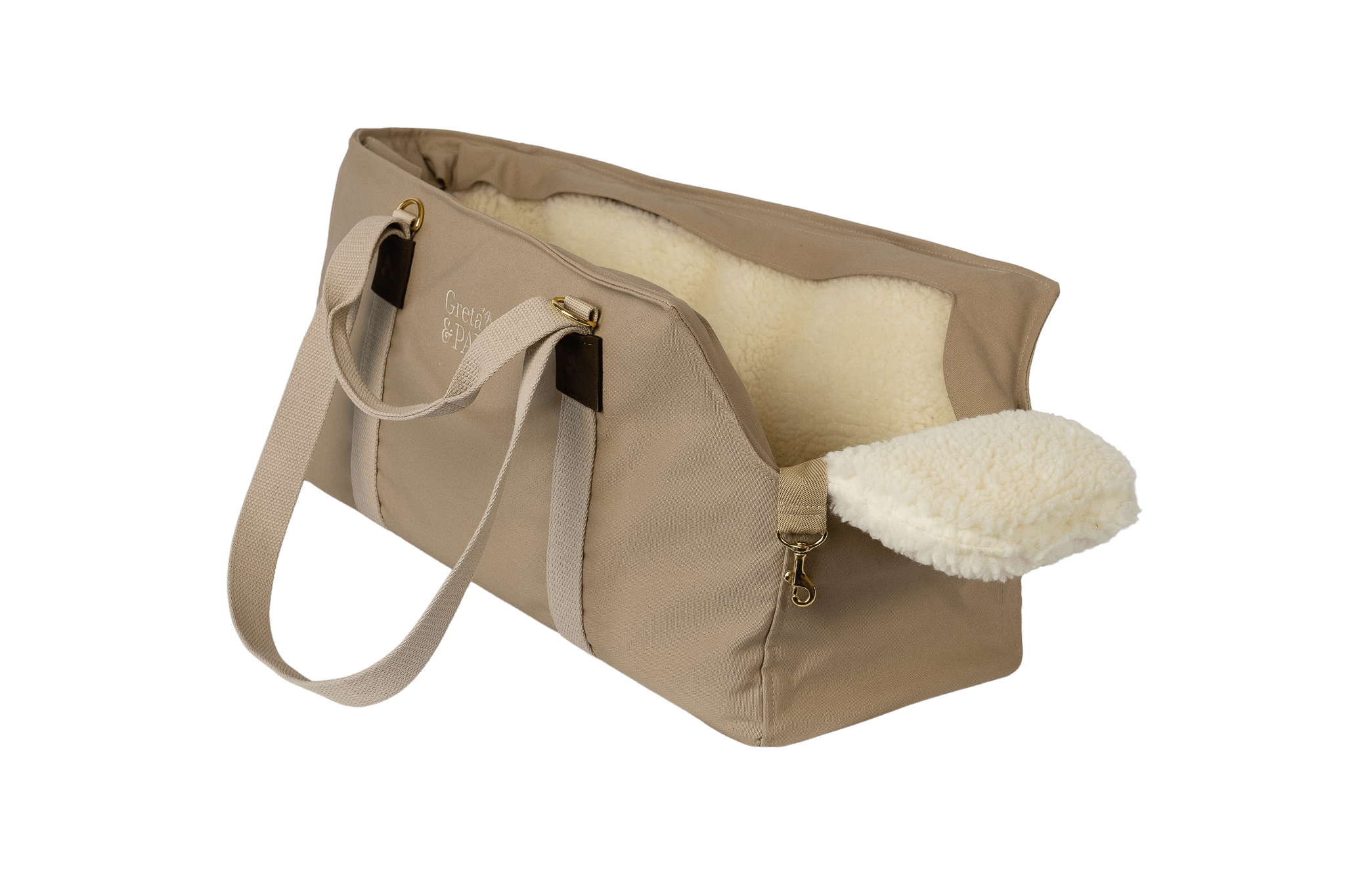 Gretas XL-Hundetasche aus der Sommer-Kollektion in Beige mit Teddyfell-Inlay, seitliche Ansicht, ohne Netz