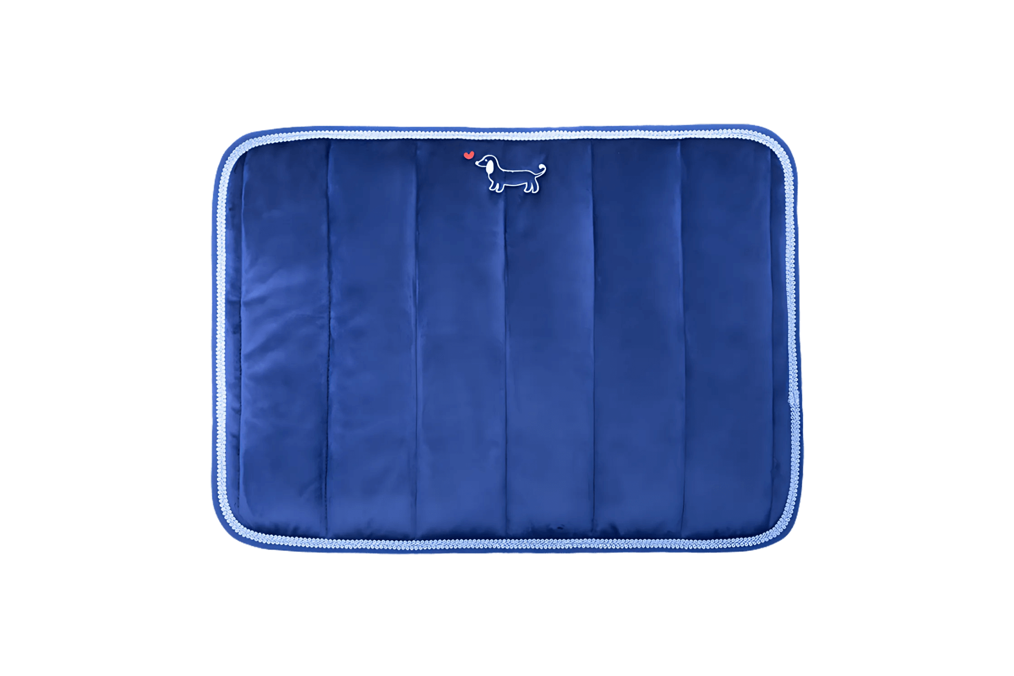 Gepolstertes Hundepad 'Greta' in Dunkelblau mit blau-weißer Borte und Dackel-Logo, Größe S