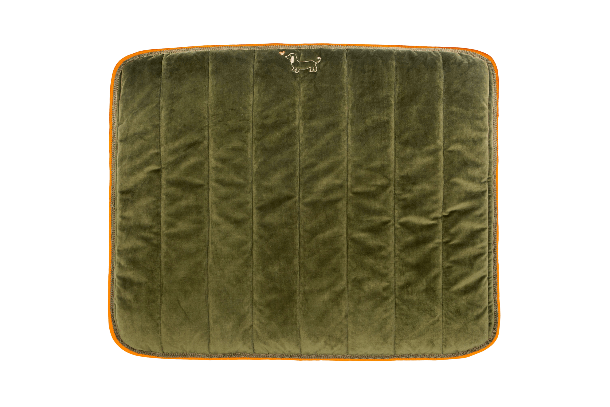Gepolstertes Hundepad 'Greta' in Olivgrün mit orangefarbener Borte und Dackel-Logo, Größe L