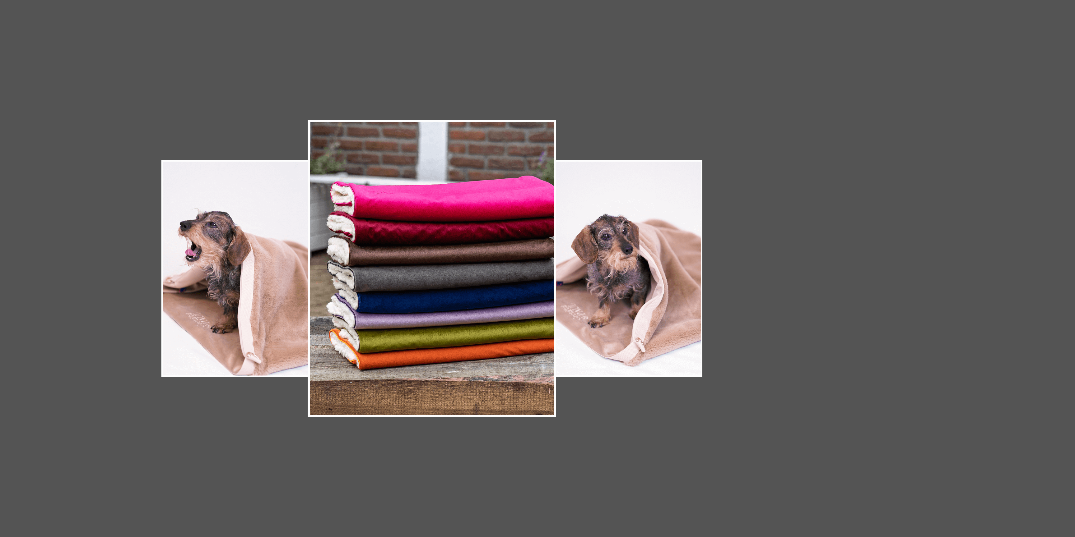 Collage mit der Dackeldame Gretchen, die im GRETA & PAUL Flausch-Wende-Säckchen 3-in-1 liegt, und einem Stapel farbenfroher Hundedecken im anderen Bild.