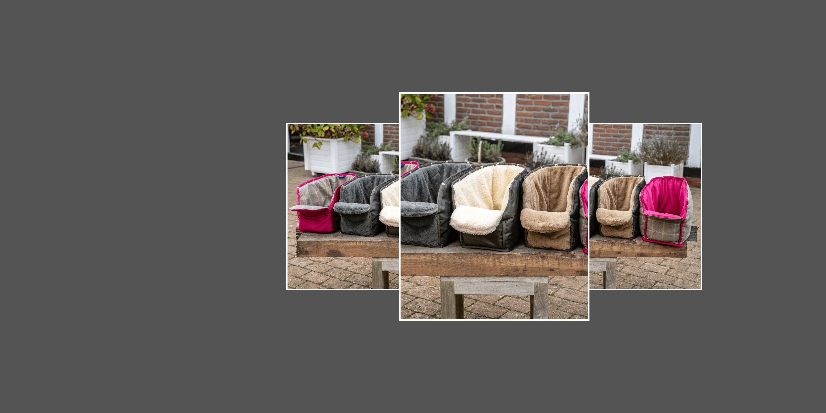 Collage mit verschiedenen kuscheligen und samtigen Inlays für Greta & PAUL Hundetaschen, erhältlich in diversen Farben und Materialien.