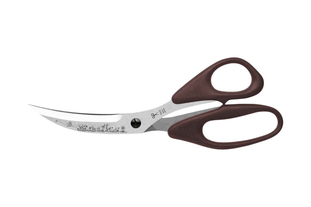 PAUL Pizzaschere 'Märchenwald' in Dunkelbraun mit Dackel-Gravur und gebogenen Klingen für den perfekten Pizzaschnitt.