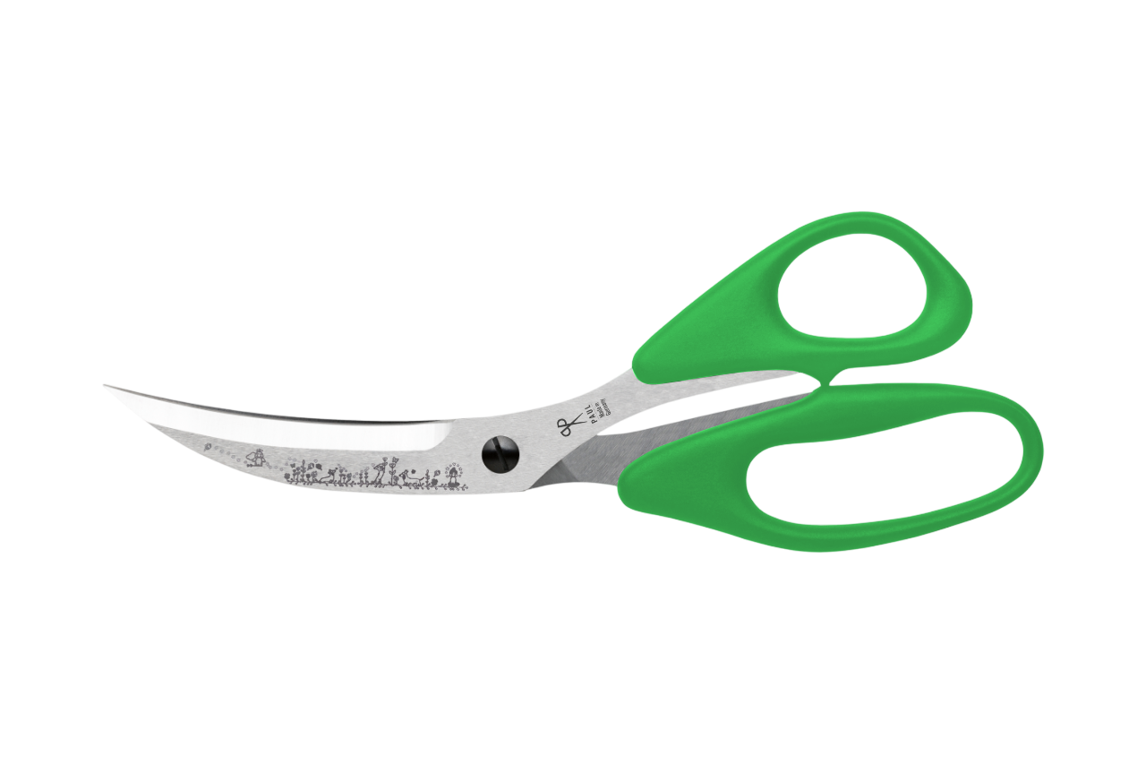 PAUL Pizzaschere 'Märchenwald' in Grün mit Dackel-Gravur und gebogenen Klingen für den perfekten Pizzaschnitt.