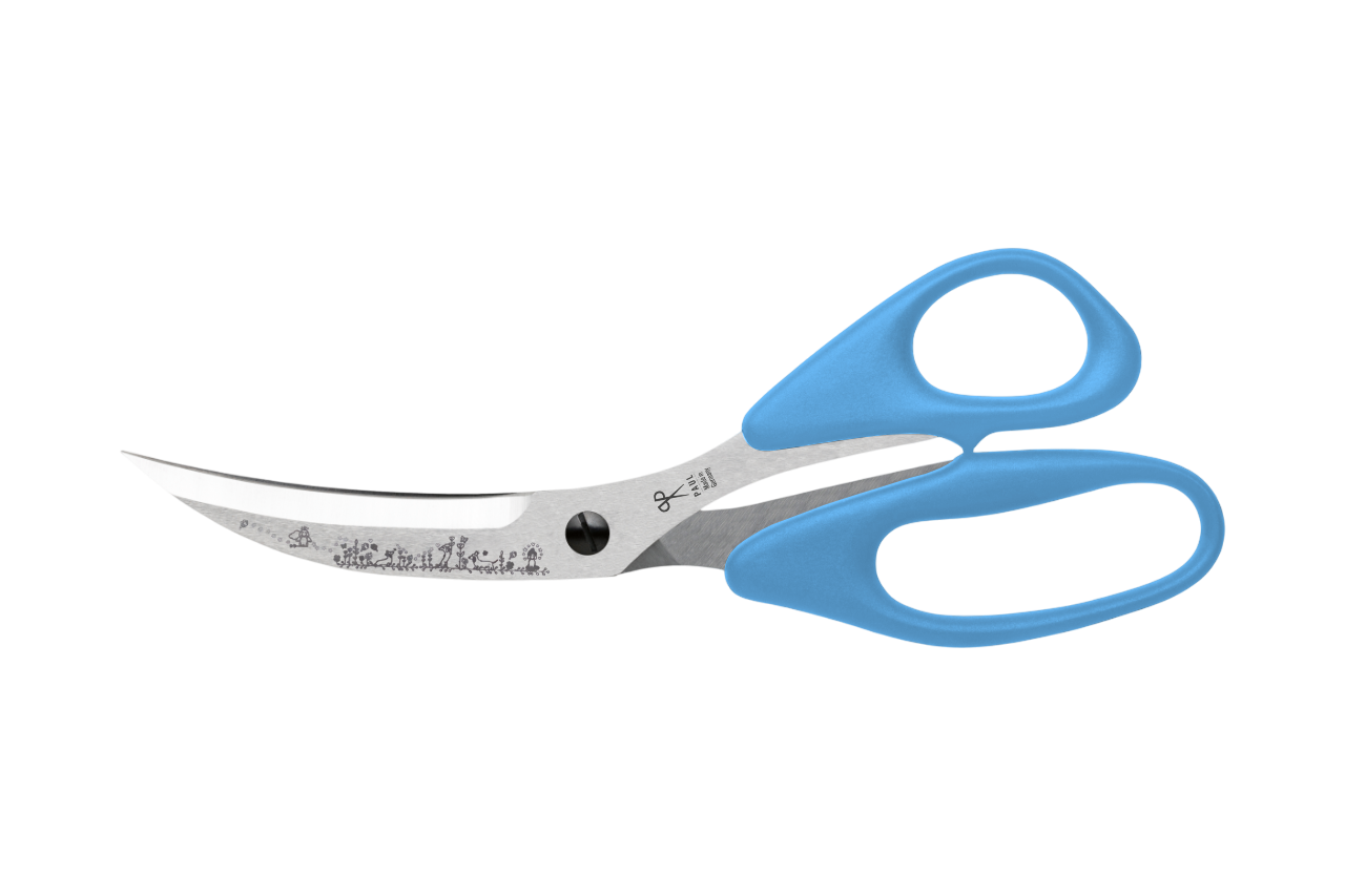 PAUL Pizzaschere 'Märchenwald' in Hellblau mit Dackel-Gravur und gebogenen Klingen für den perfekten Pizzaschnitt.