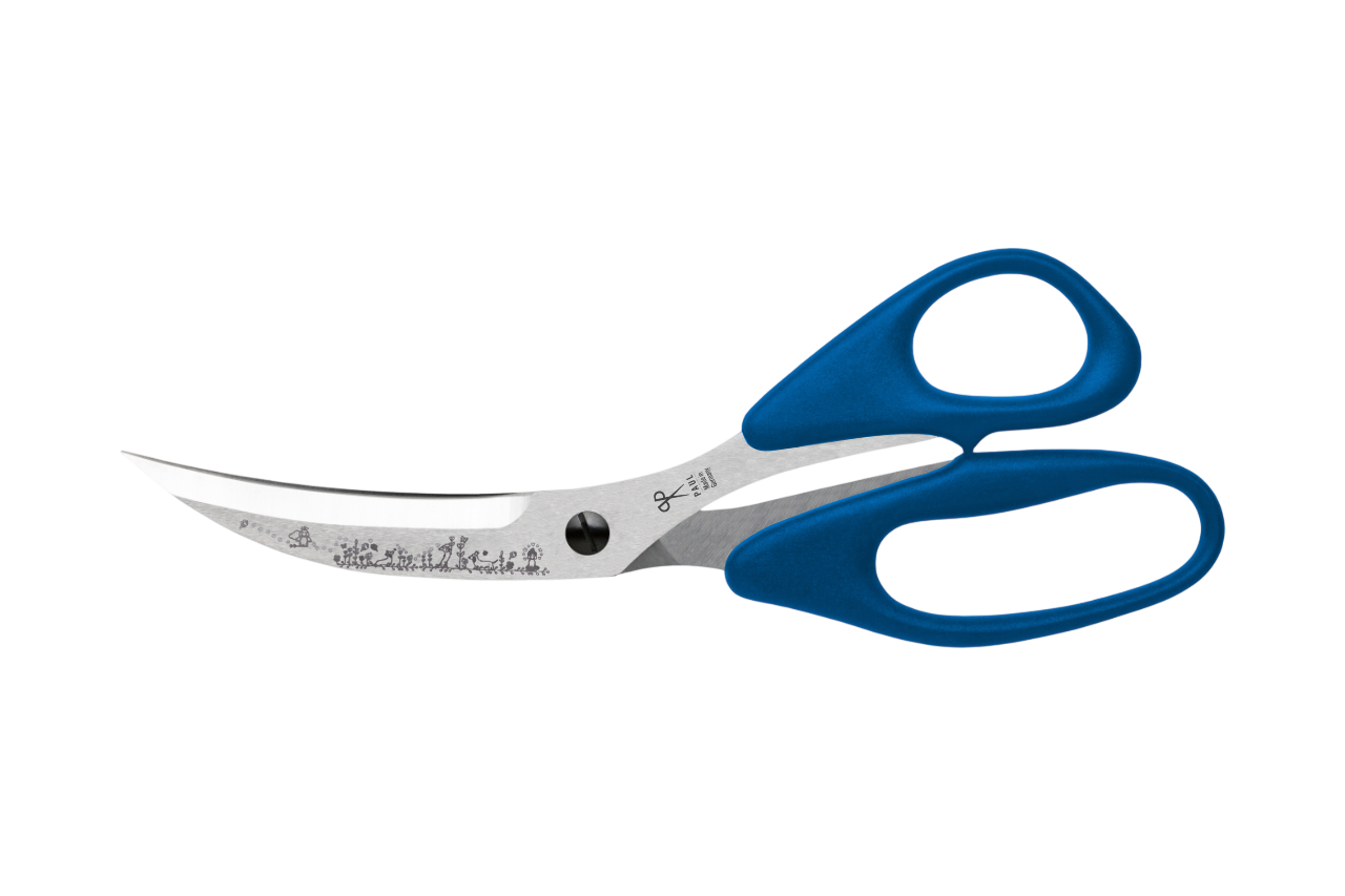 PAUL Pizzaschere 'Märchenwald' in Königsblau mit Dackel-Gravur und gebogenen Klingen für den perfekten Pizzaschnitt.