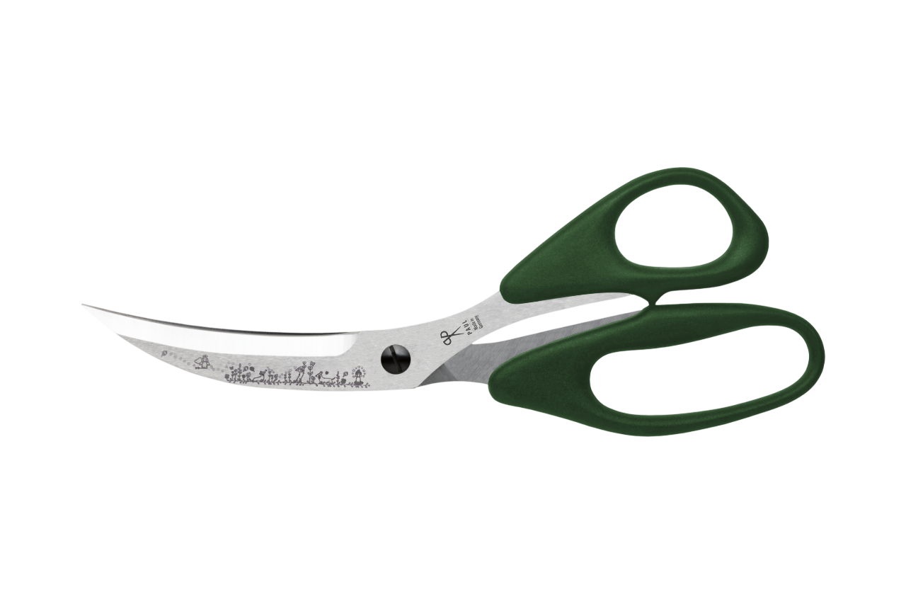 PAUL Pizzaschere 'Märchenwald' in Olivgrün mit Dackel-Gravur und gebogenen Klingen für den perfekten Pizzaschnitt.