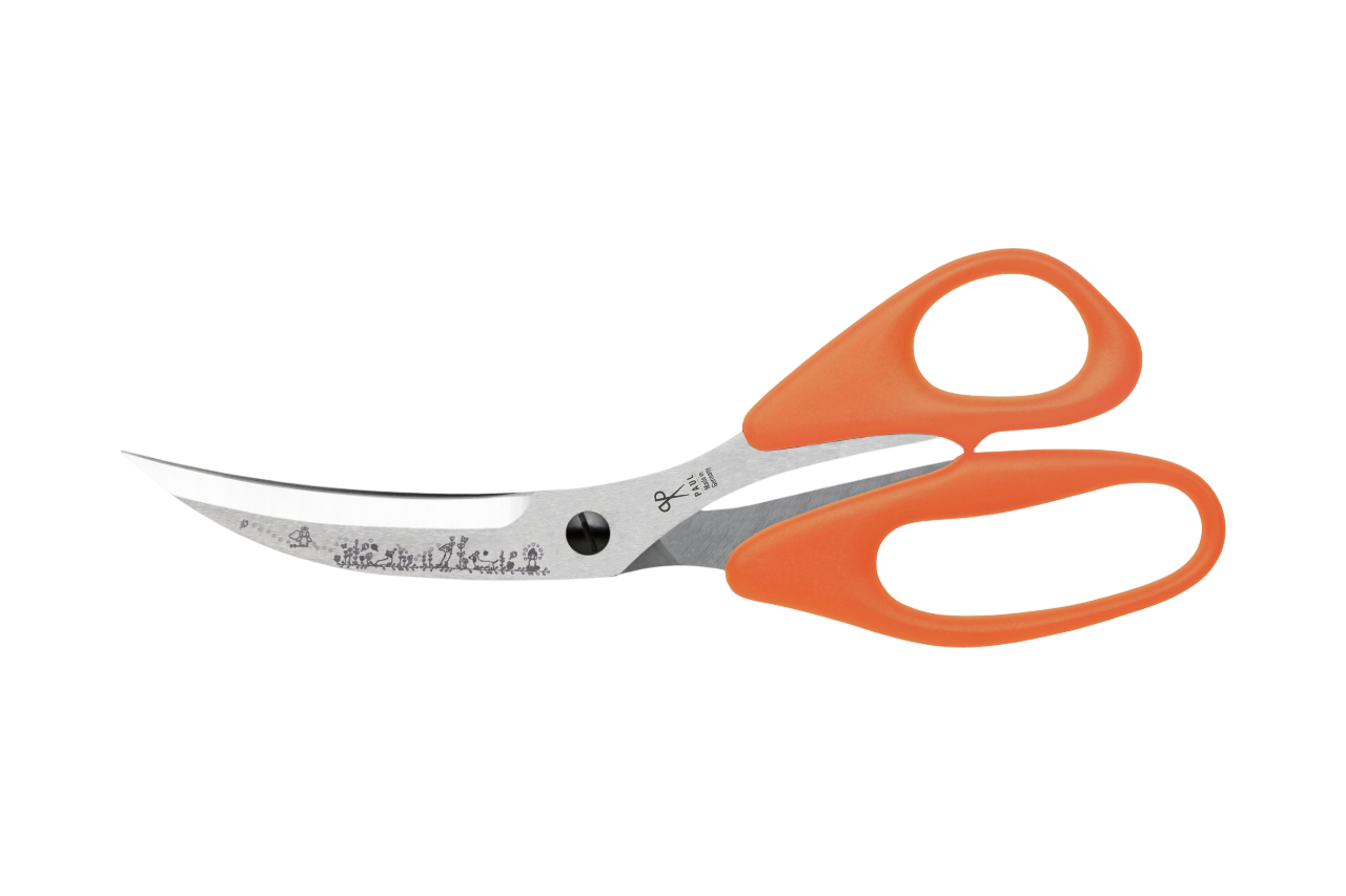 PAUL Pizzaschere 'Märchenwald' in Orange mit Dackel-Gravur und gebogenen Klingen für den perfekten Pizzaschnitt.