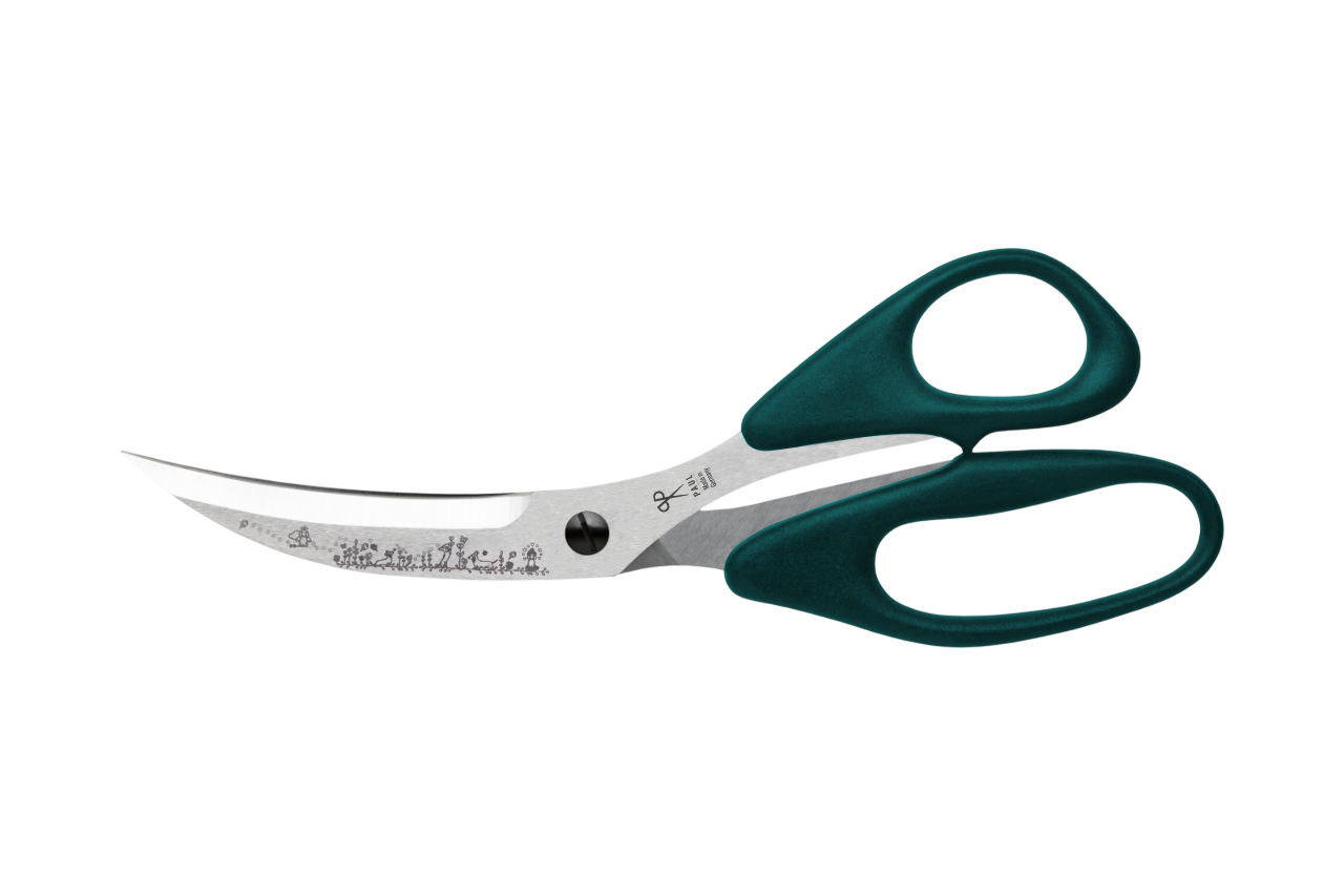 PAUL Pizzaschere 'Märchenwald' in Petrol mit Dackel-Gravur und gebogenen Klingen für den perfekten Pizzaschnitt.