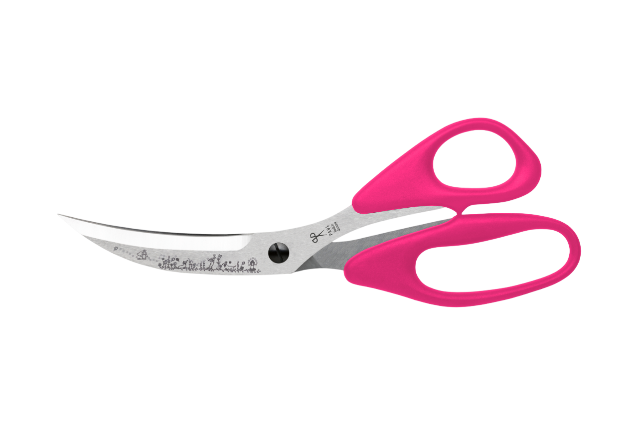 PAUL Pizzaschere 'Märchenwald' in Pink mit Dackel-Gravur und gebogenen Klingen für den perfekten Pizzaschnitt.