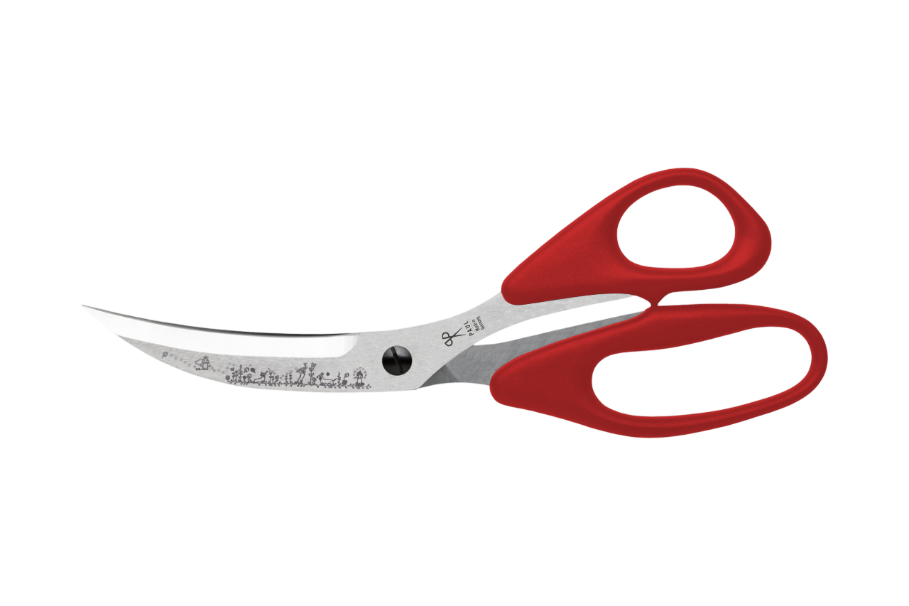 PAUL Pizzaschere 'Märchenwald' in Rot mit Dackel-Gravur und gebogenen Klingen für den perfekten Pizzaschnitt.