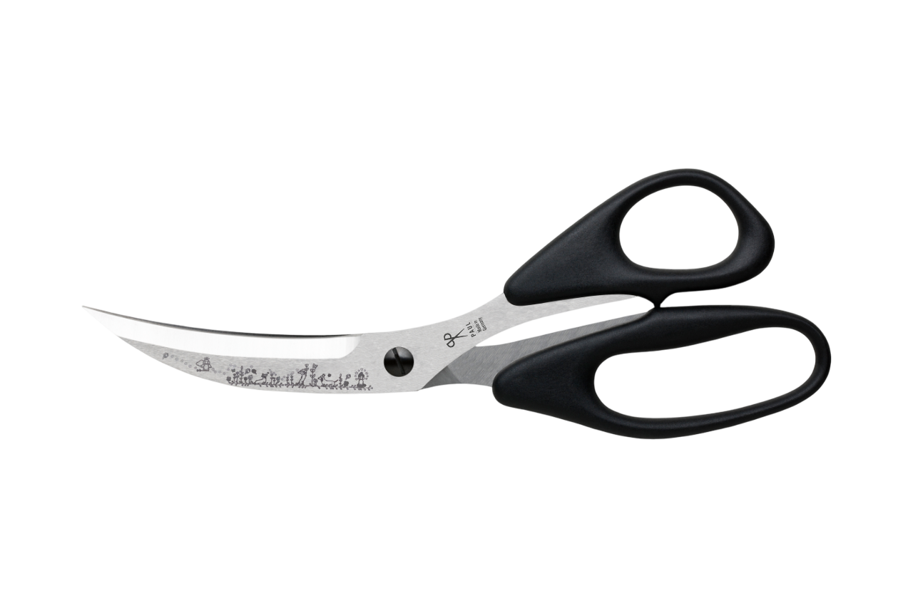 PAUL Pizzaschere 'Märchenwald' in Schwarz mit Dackel-Gravur und gebogenen Klingen für den perfekten Pizzaschnitt.