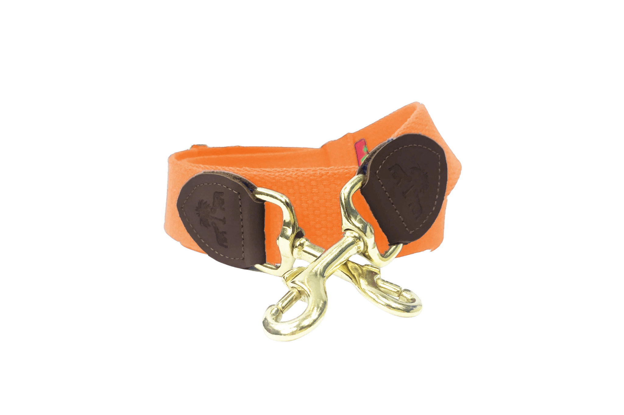 Schulterriemen für Greta's Hundetasche in Orange mit Lederdetails und goldenen Karabinern.