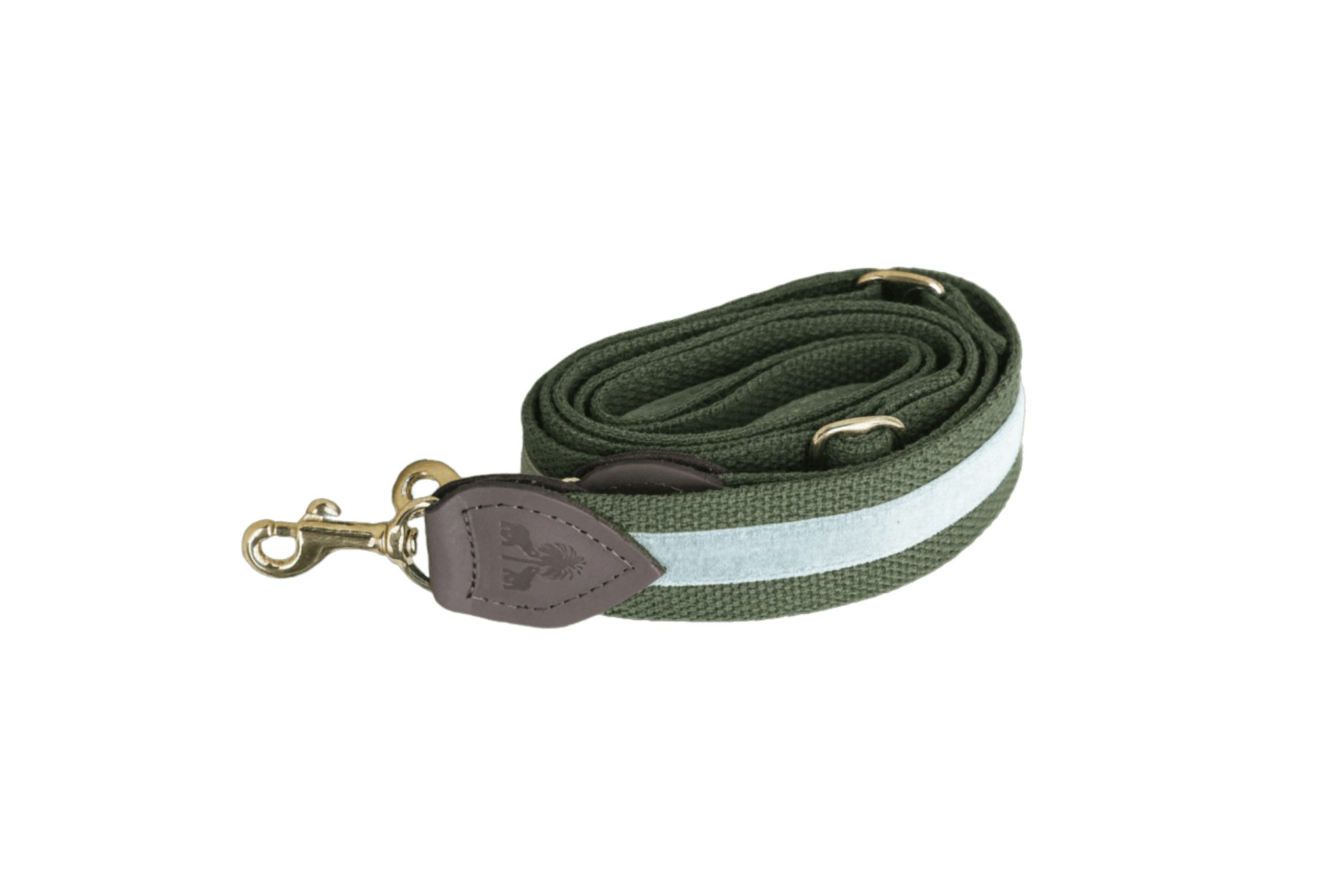 Schulterriemen in Khaki mit grauem Samtstreifen für Greta's Hundetasche, mit Lederdetails und goldenen Karabinern.