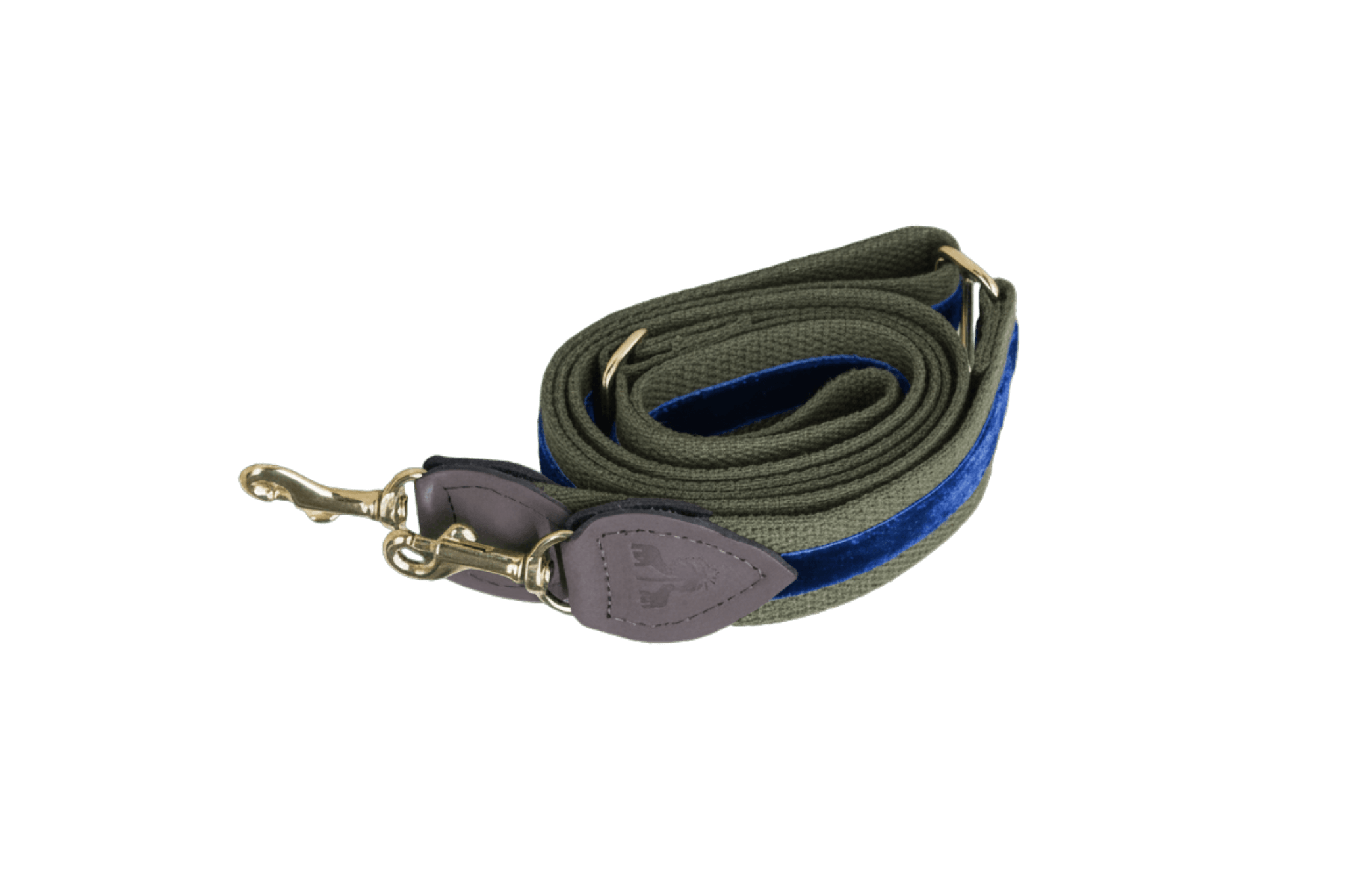 Schulterriemen in Khaki mit königsblauem Samtstreifen für Greta's Hundetasche, mit Lederdetails und goldenen Karabinern.