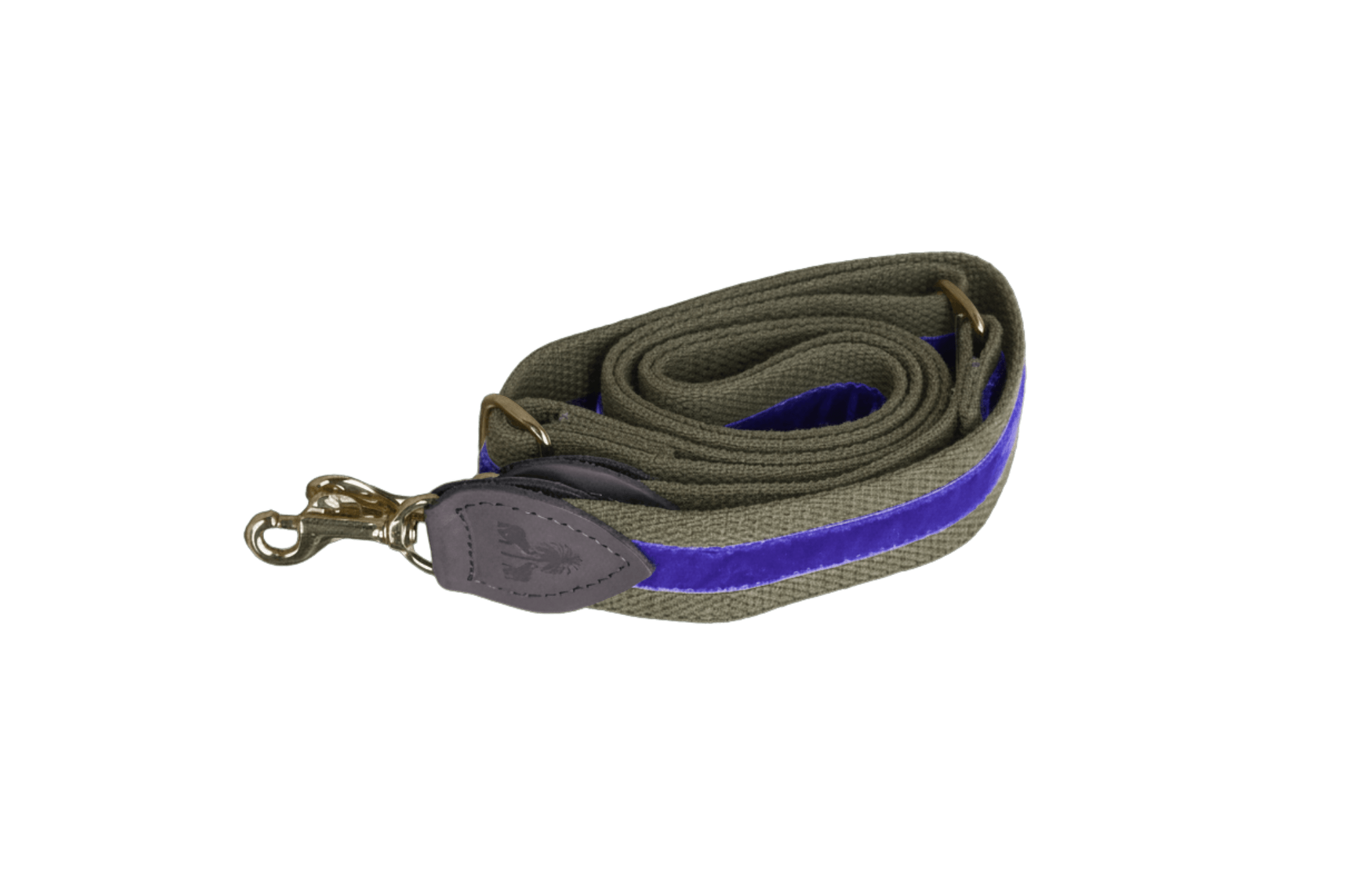 Schulterriemen in Khaki mit lilafarbenem Samtstreifen für Greta's Hundetasche, mit Lederdetails und goldenen Karabinern.